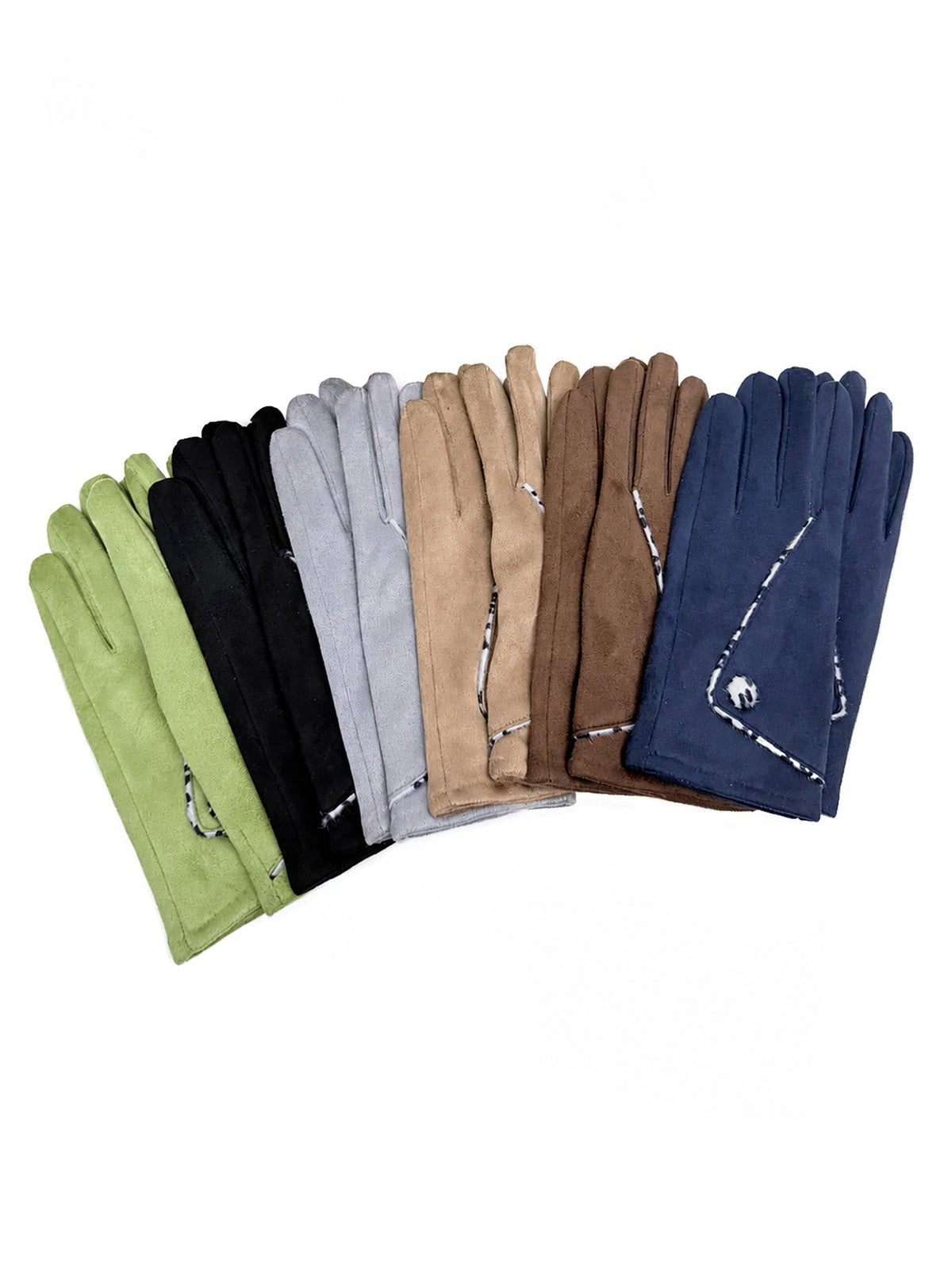 Women’s Faux Suede Animal Print Trim Button Gloves