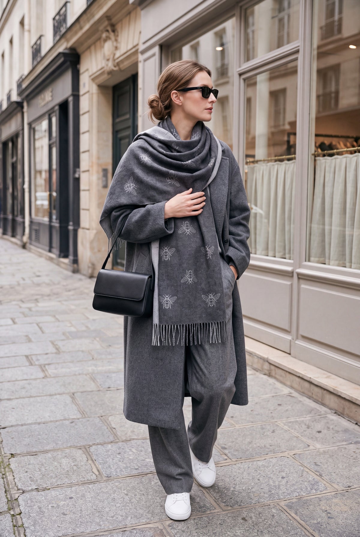 Vellin Reversible Bee Print Wool Mix Scarf