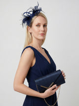 Textured Envelope Clutch Bag with Gold Chain & Feather Fascinator Navy Set