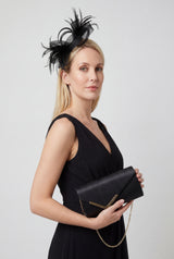 Textured Envelope Clutch Bag with Gold Chain & Feather Fascinator Black Set