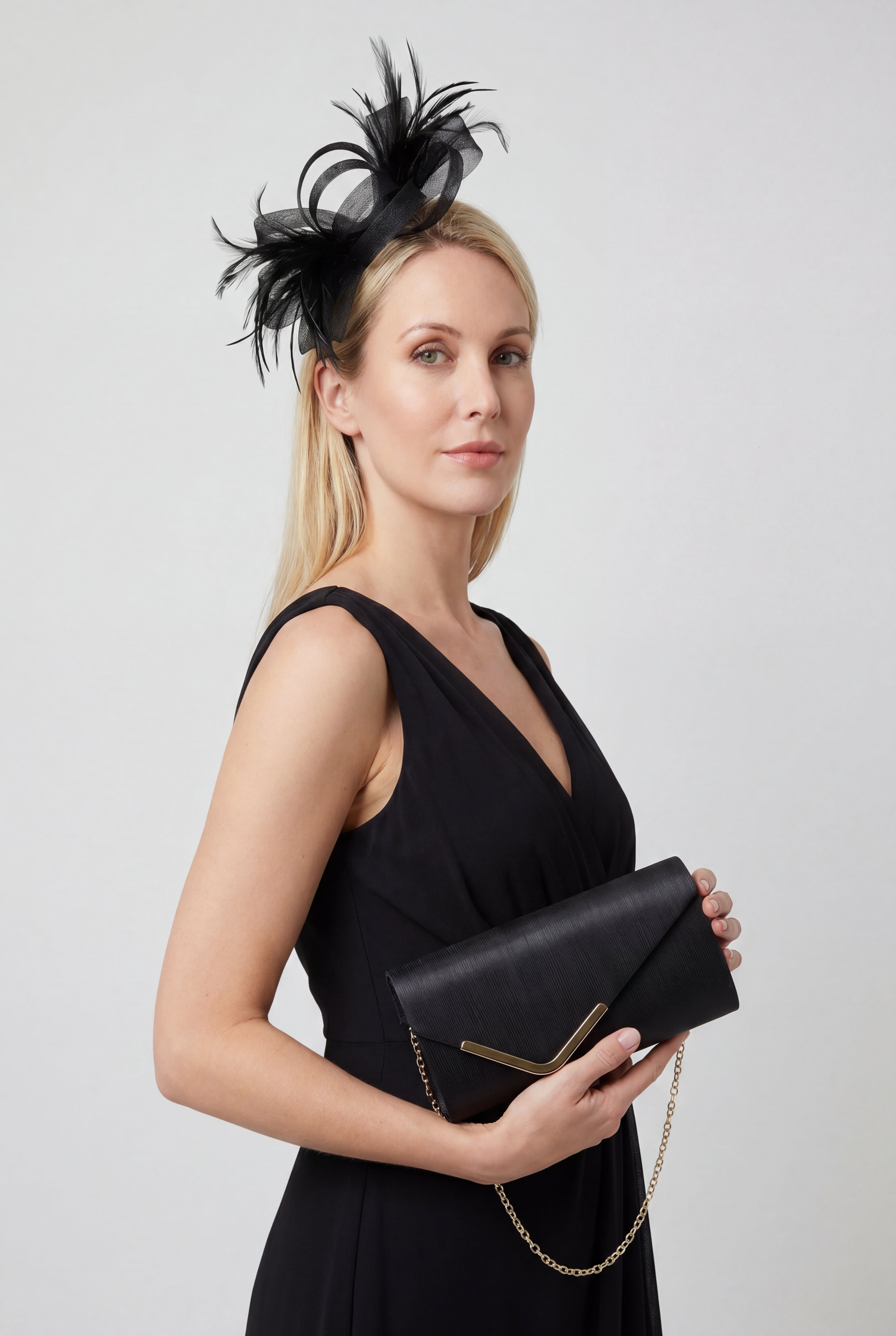 Textured Envelope Clutch Bag with Gold Chain & Feather Fascinator Black Set