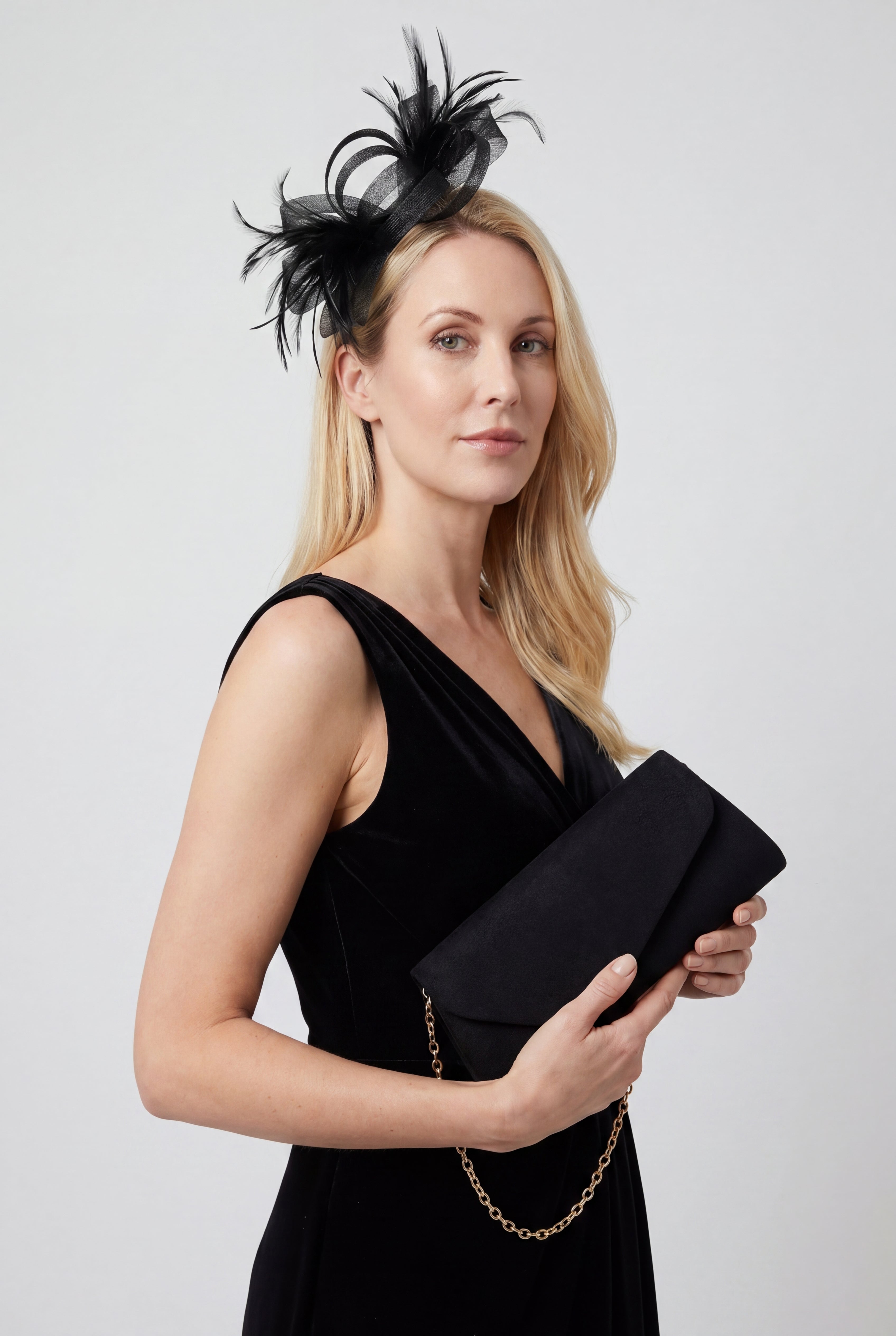 Satin Envelope Clutch Bag and Feather Fascinator Occasion Black Set