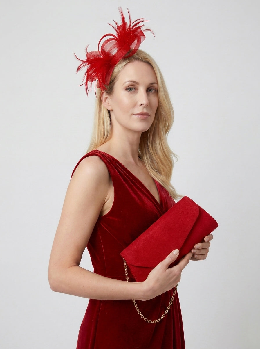 Satin Envelope Clutch Bag and Feather Fascinator Occasion Red Set