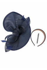 Women’s Oversized Mesh Disc Fascinator Hat with Feather Trim & Loop Bow Headband