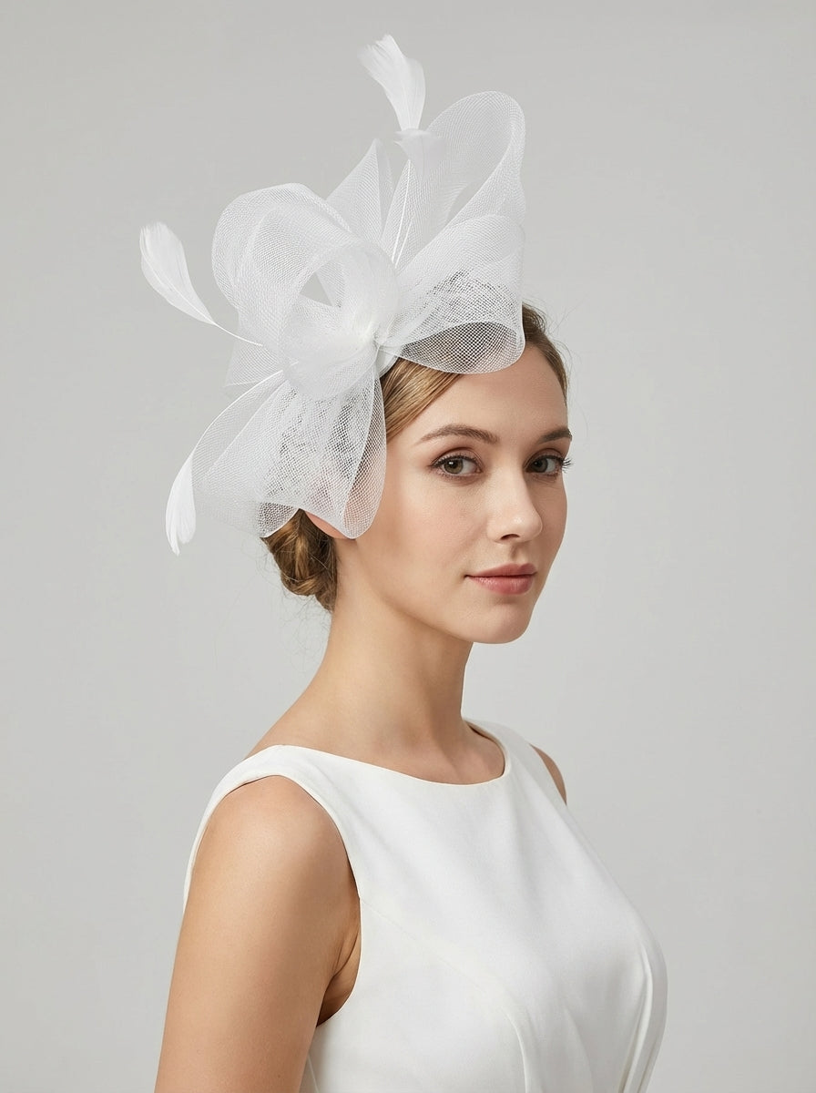 Elegant Mesh Bow Fascinator with Feather Detail
