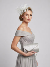 Textured Envelope Clutch Bag with Gold Chain & Feather Fascinator White Set