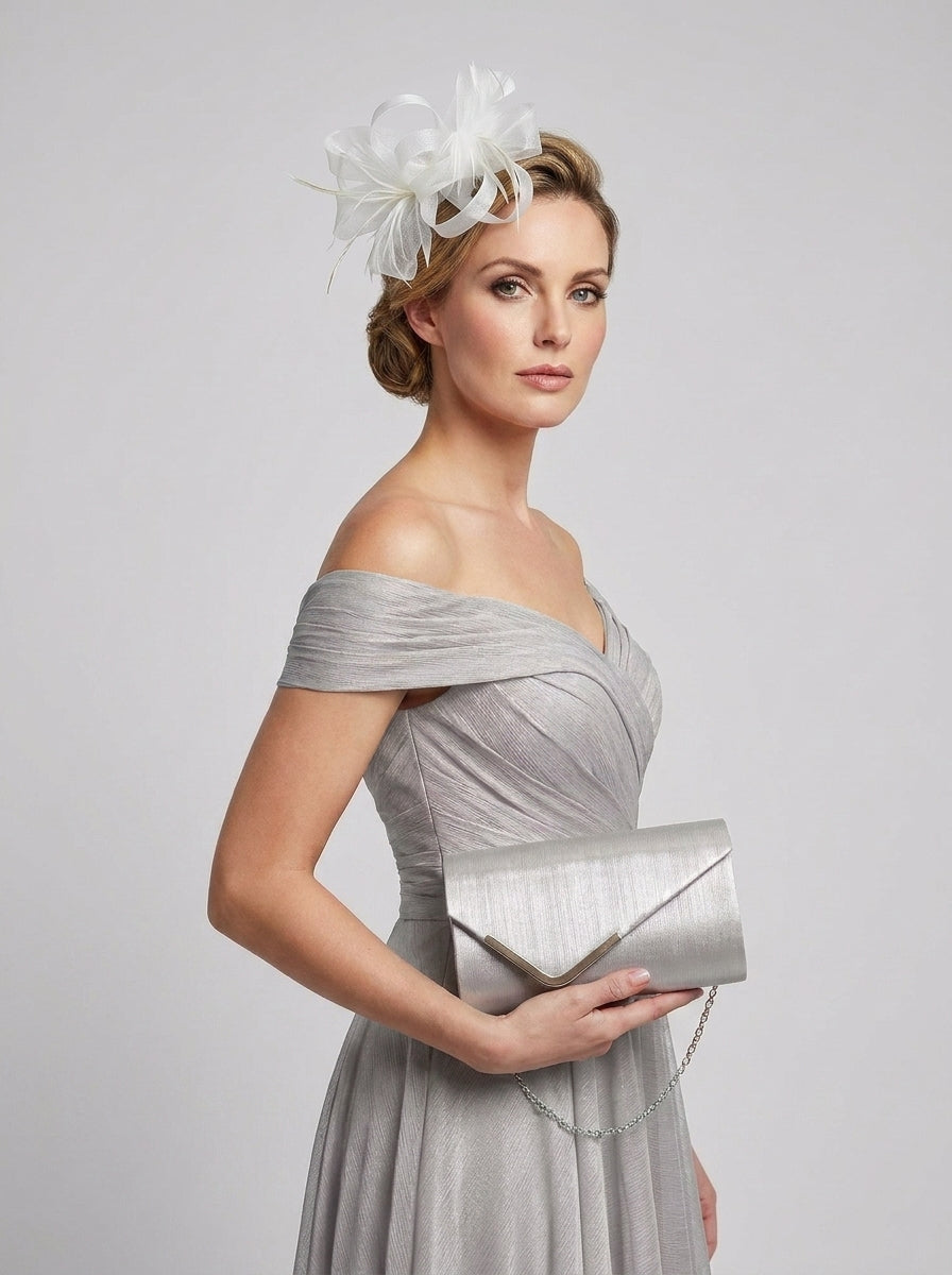 Textured Envelope Clutch Bag with Gold Chain & Feather Fascinator White Set