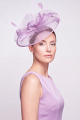 Women’s Mesh Disc Fascinator with Feather Trim, Loop Bow & Headband