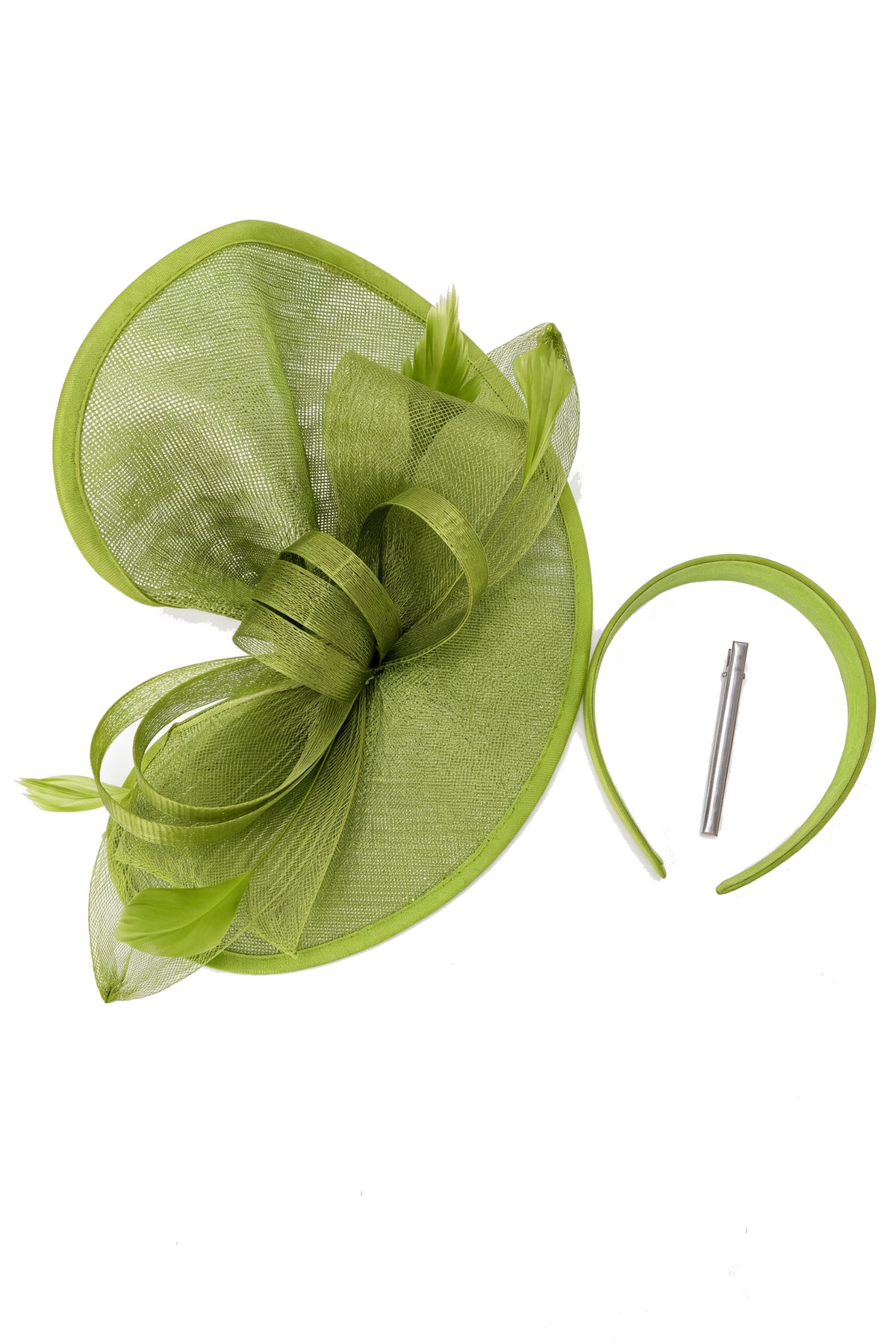 Women’s Oversized Mesh Disc Fascinator Hat with Feather Trim & Loop Bow Headband