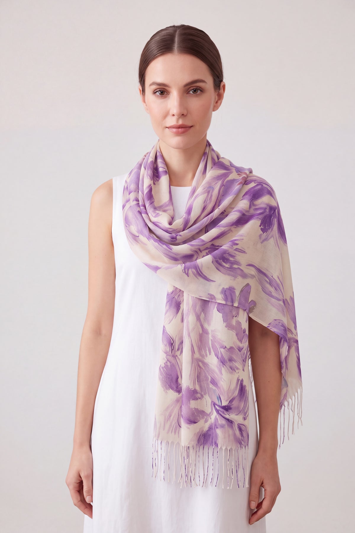 Abstract Floral Print Lightweight Scarf with Tassels