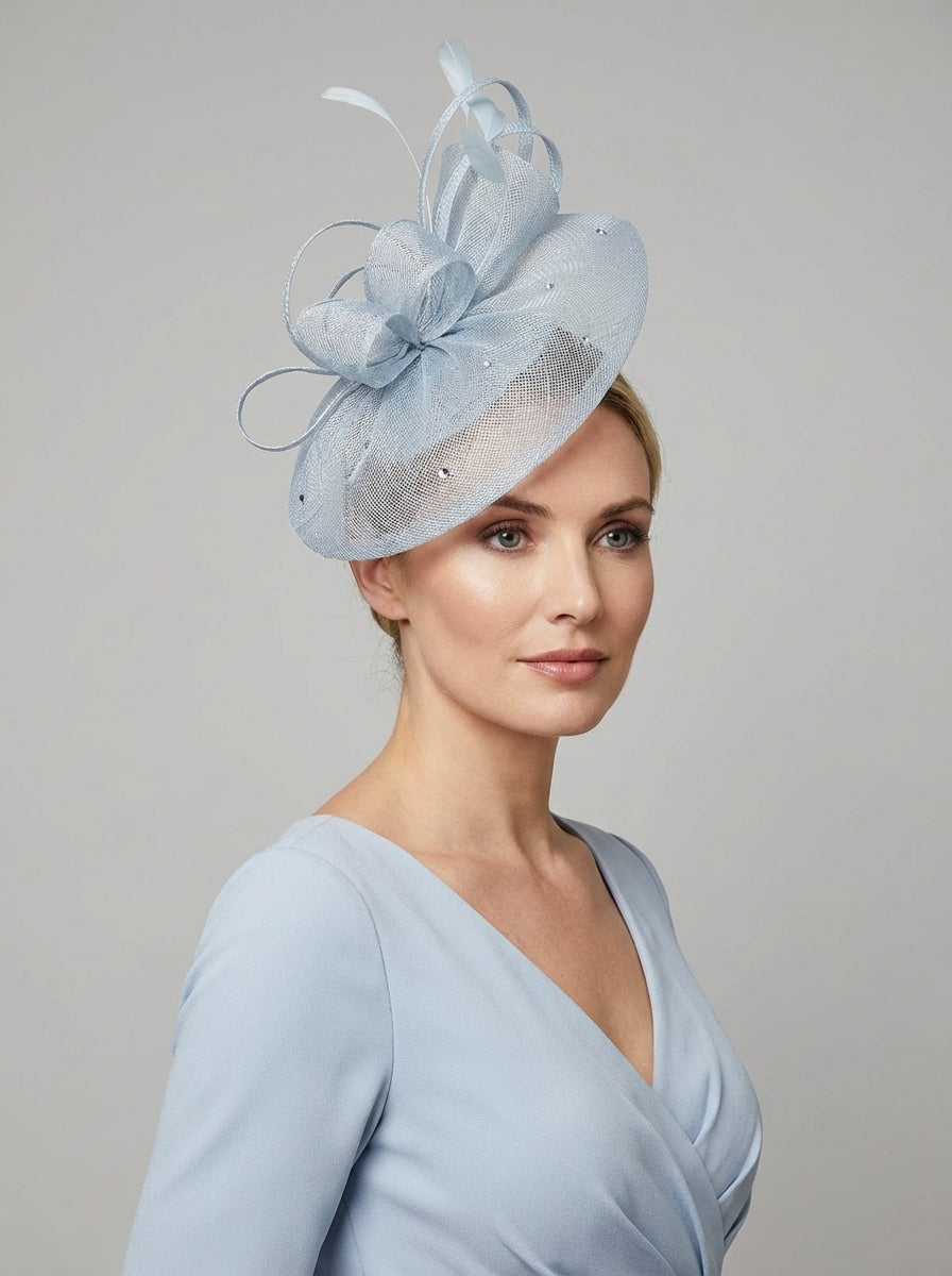 Curled Sinamay Bow Fascinator with Feather Trim Diamonds