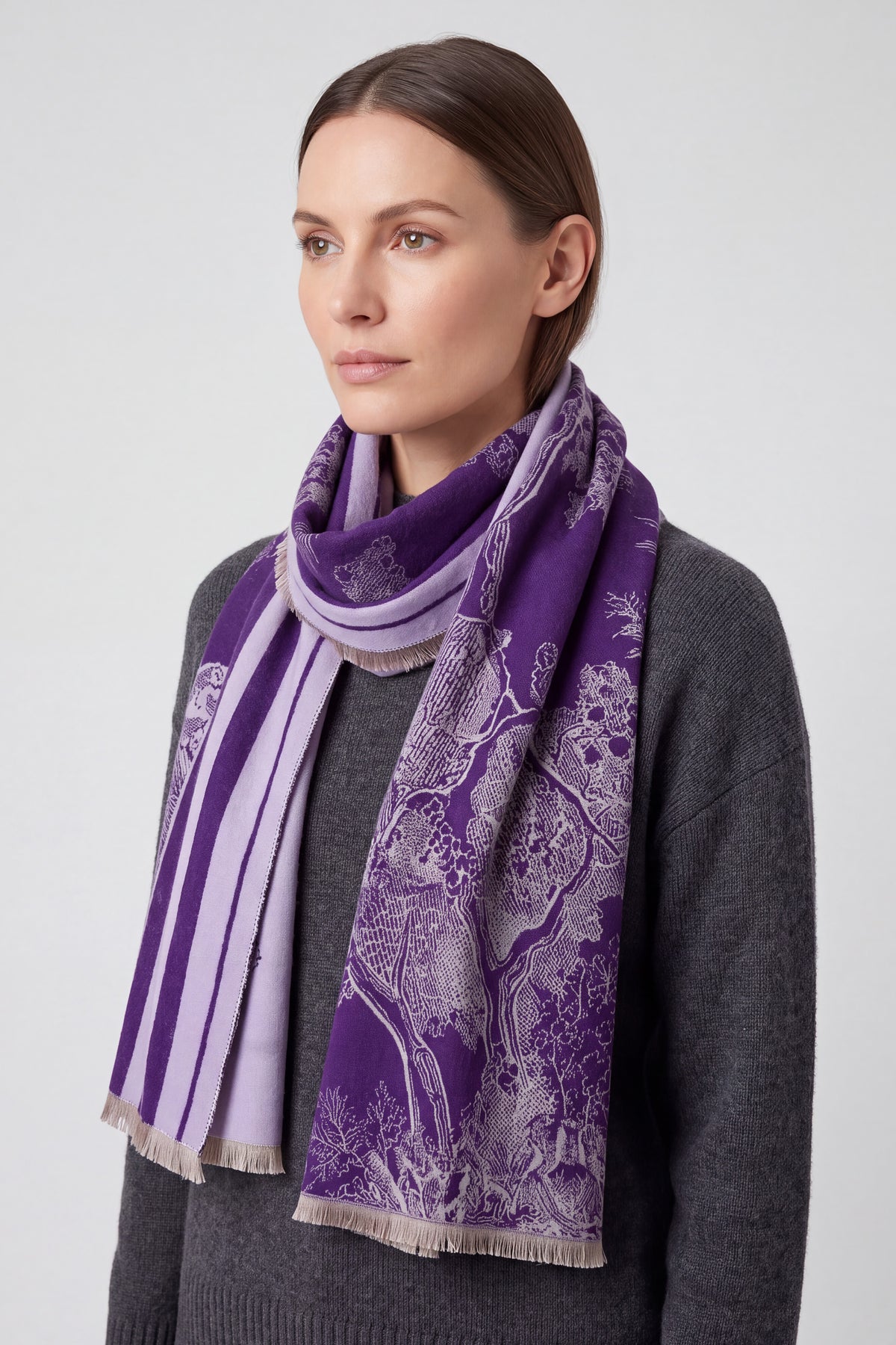Women’s Toile Print Woven Scarf with Fringed Edge