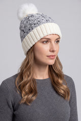 Women’s Two-Tone Cable Knit Faux Fur Pom Bobble Hat