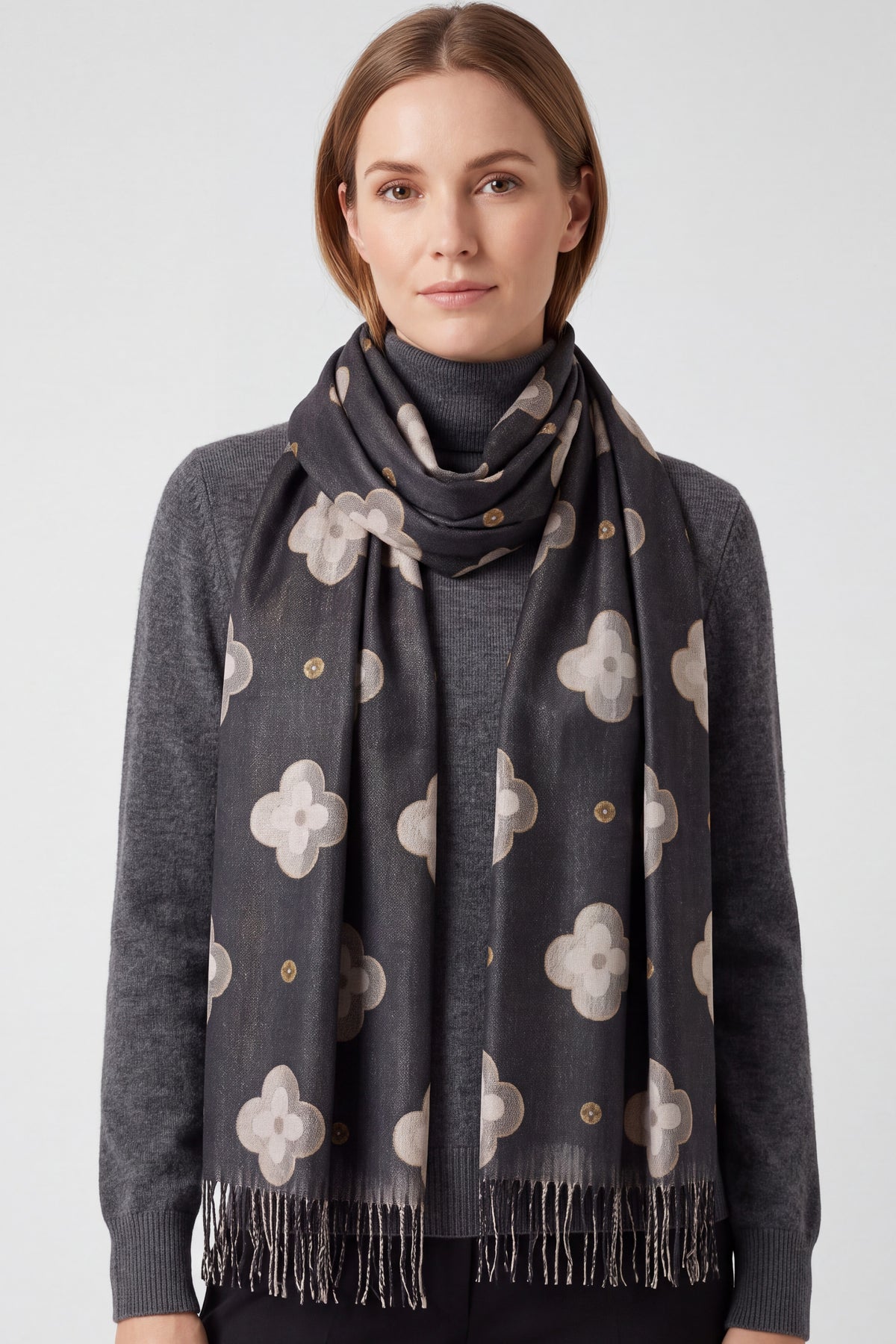 Women’s Floral Fringe Scarf with Gold-Tone Accents and Fringe