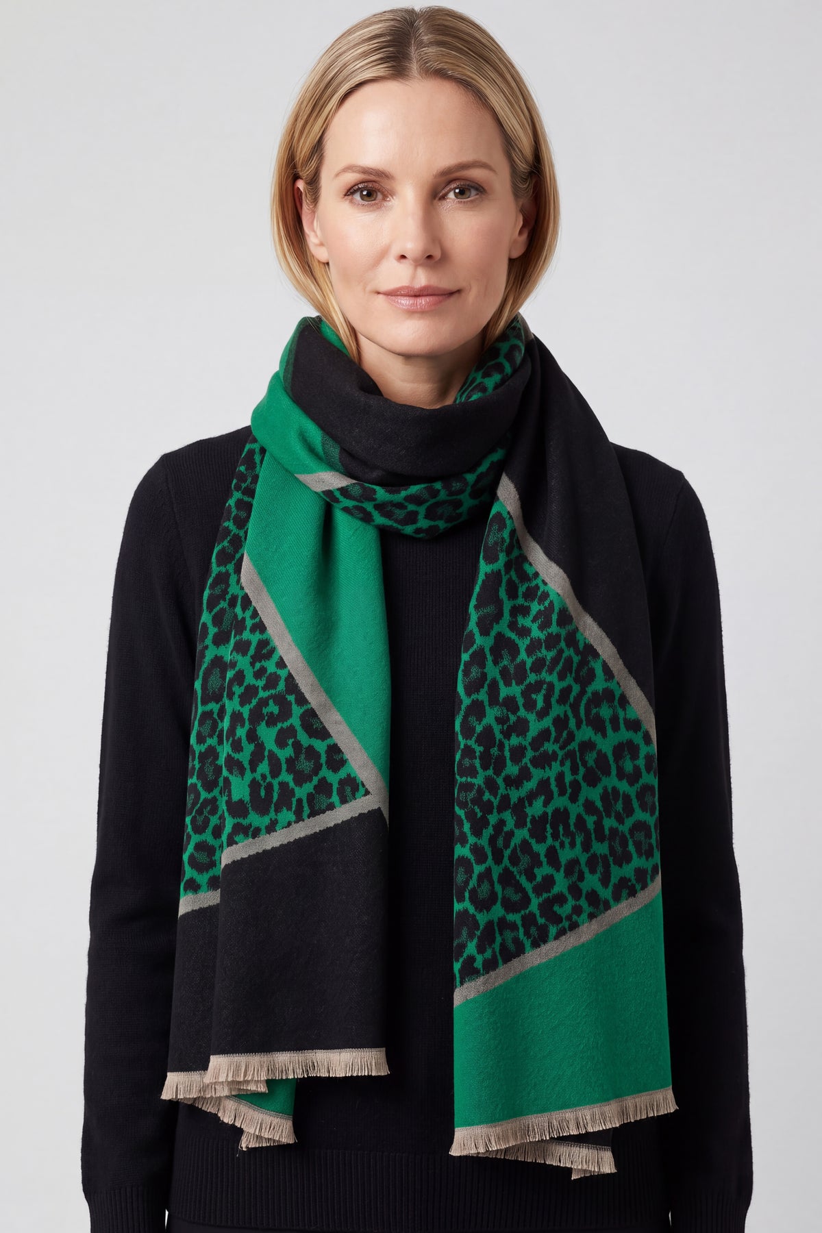 Women’s Leopard Pattern Colour Block Scarf with Fringe