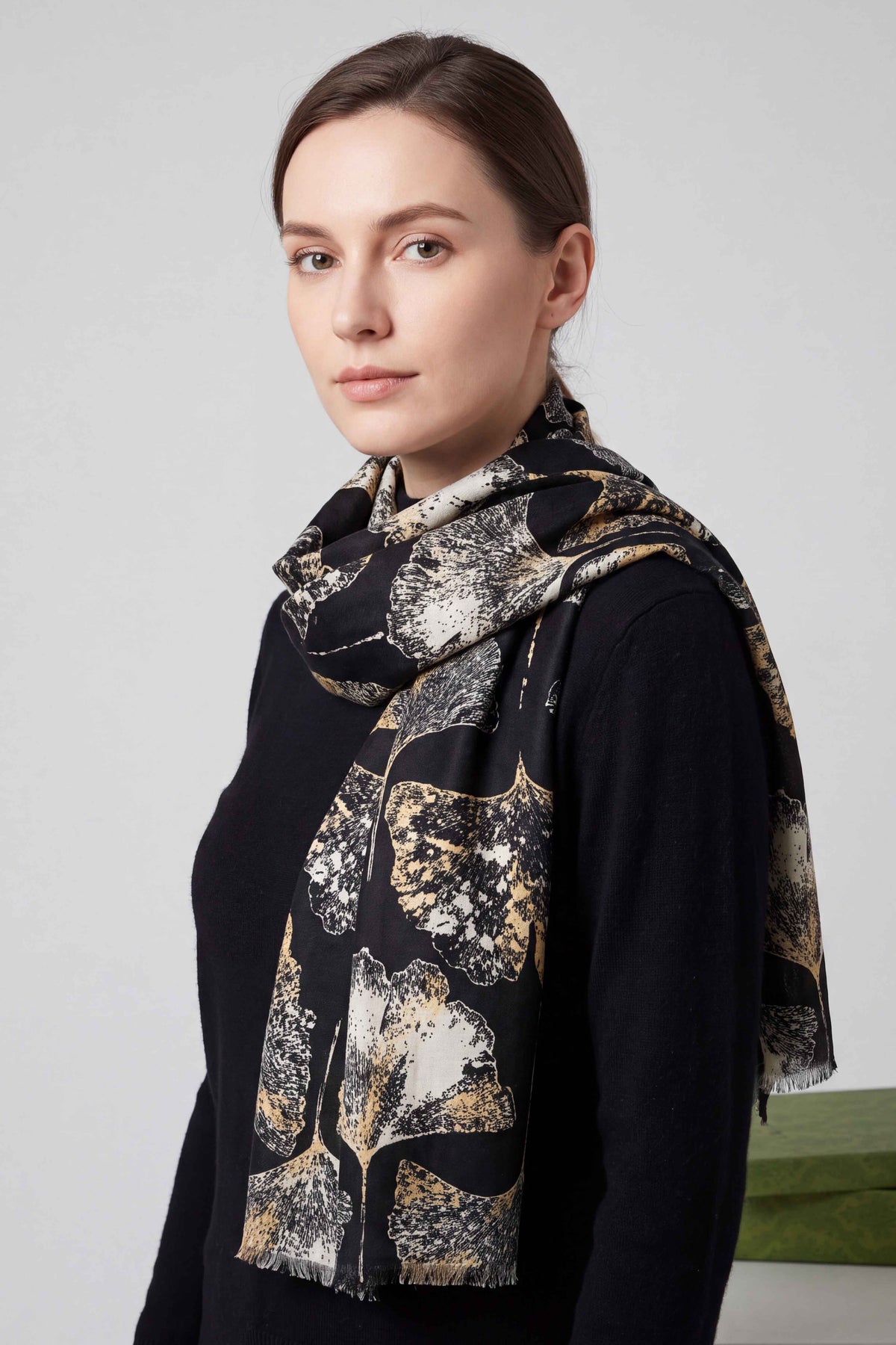 Women’s Metallic Ginkgo Leaf Print Scarf