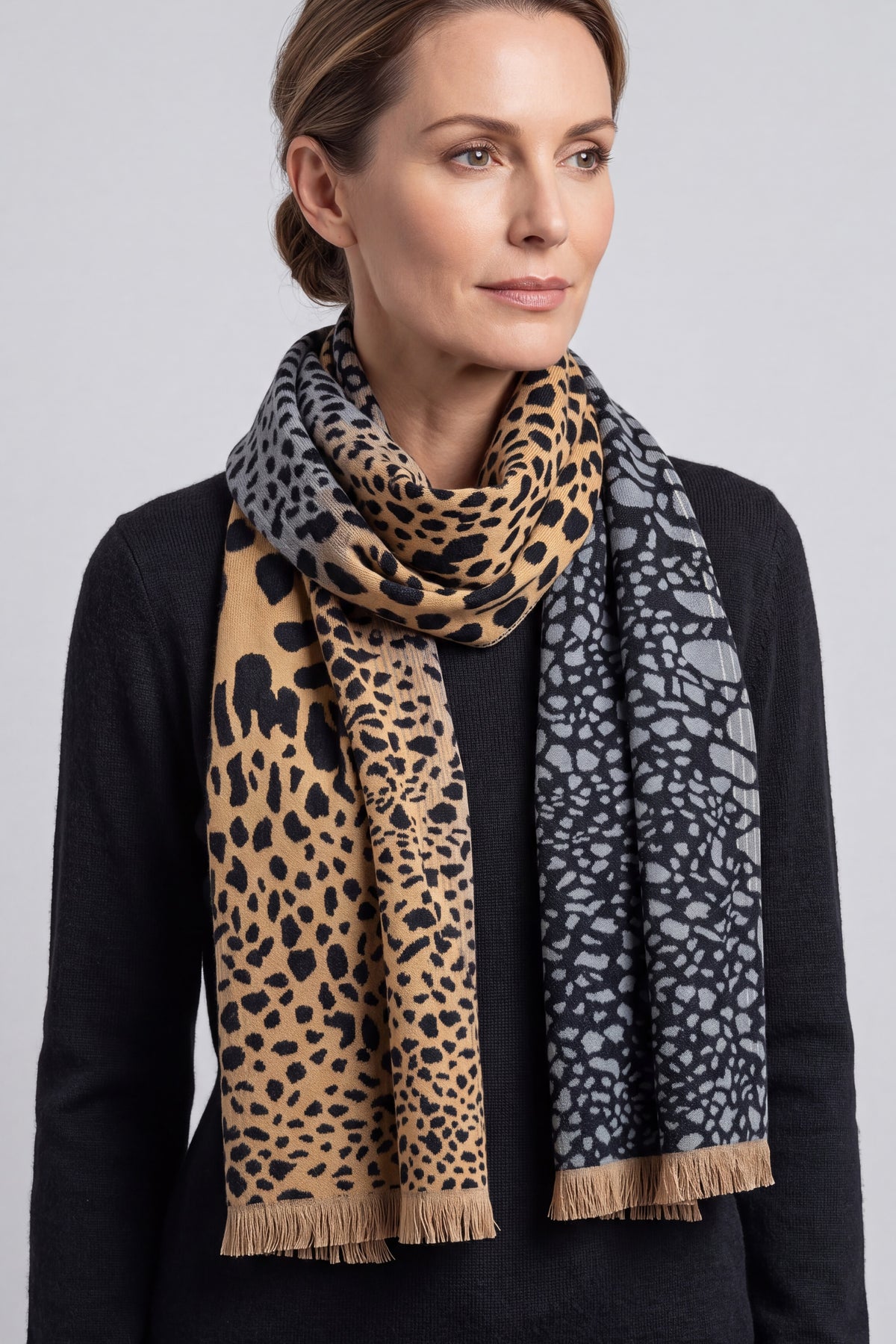 Women's Mixed Animal Print Fringed Scarf