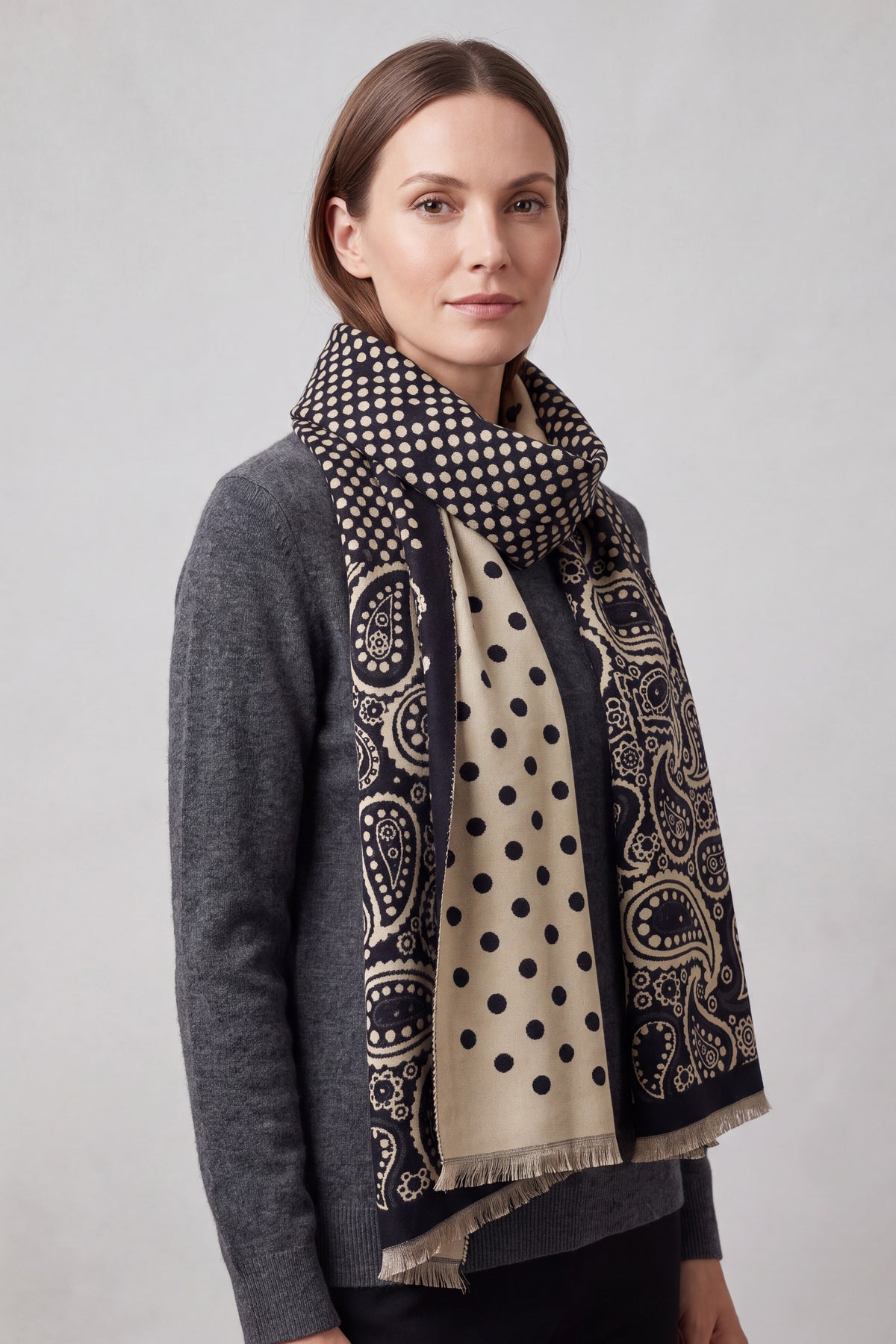 Women’s Paisley and Polka Dot Woven Scarf with Fringed Edges