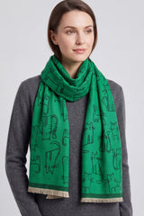 Women’s Playful Cat Motif Scarf with Contrast Border and Fringe