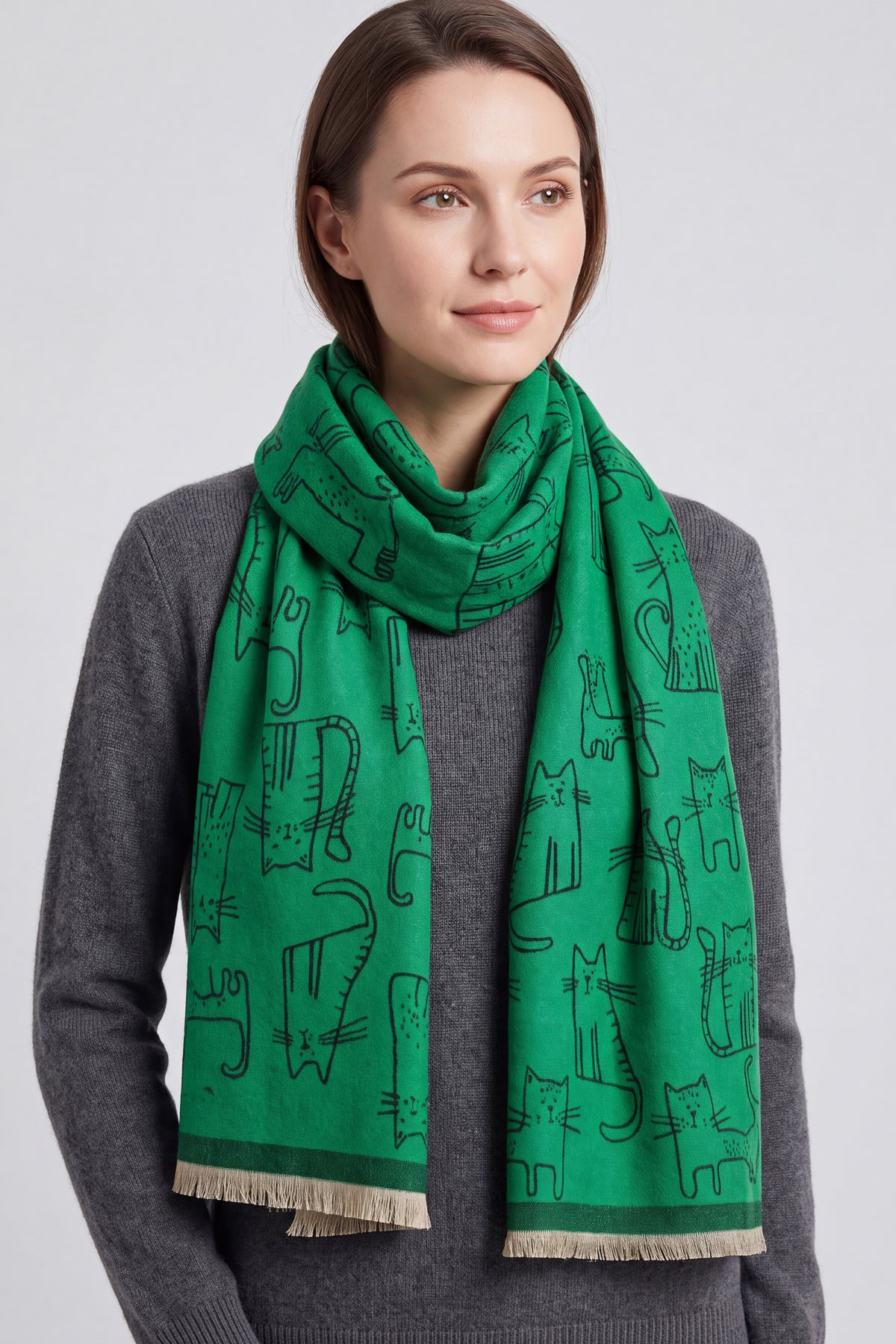 Women’s Playful Cat Motif Scarf with Contrast Border and Fringe