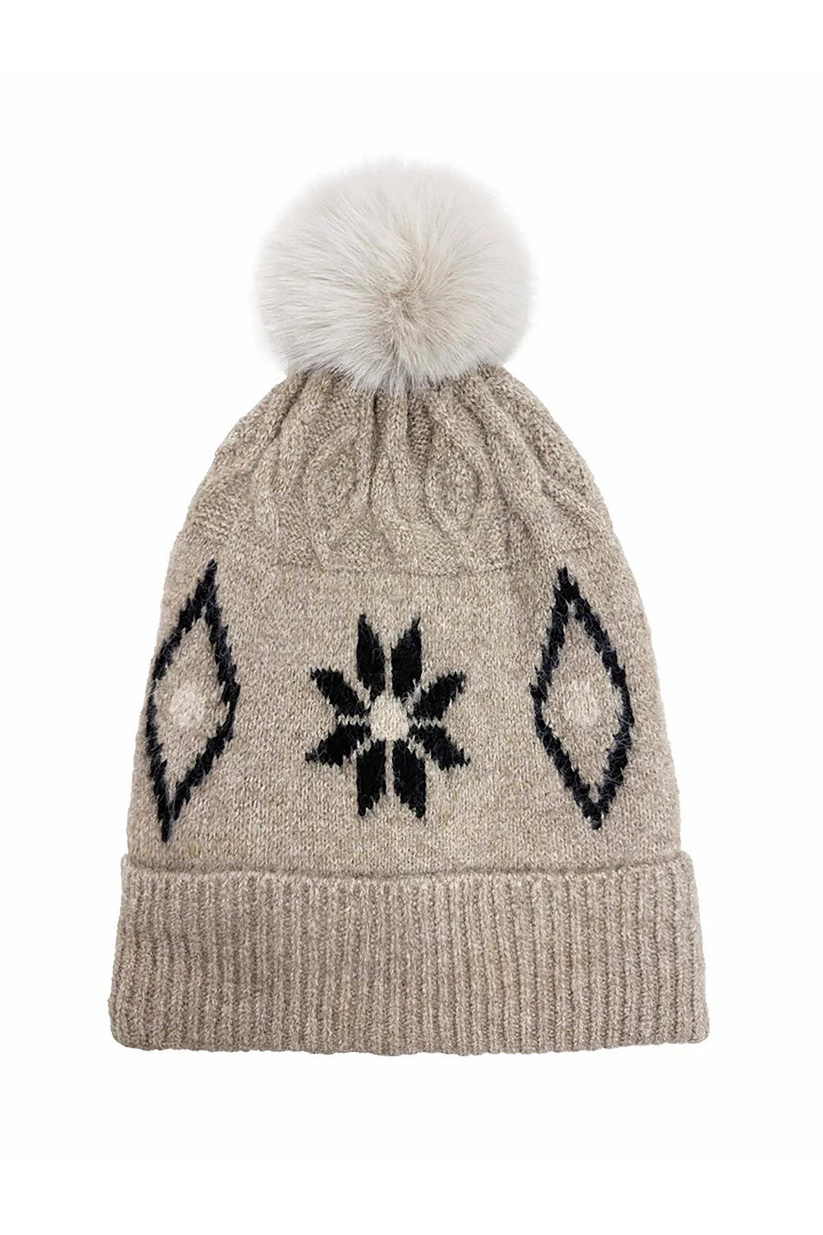 Women’s Nordic Pattern Faux Fur Pom Bobble Hat