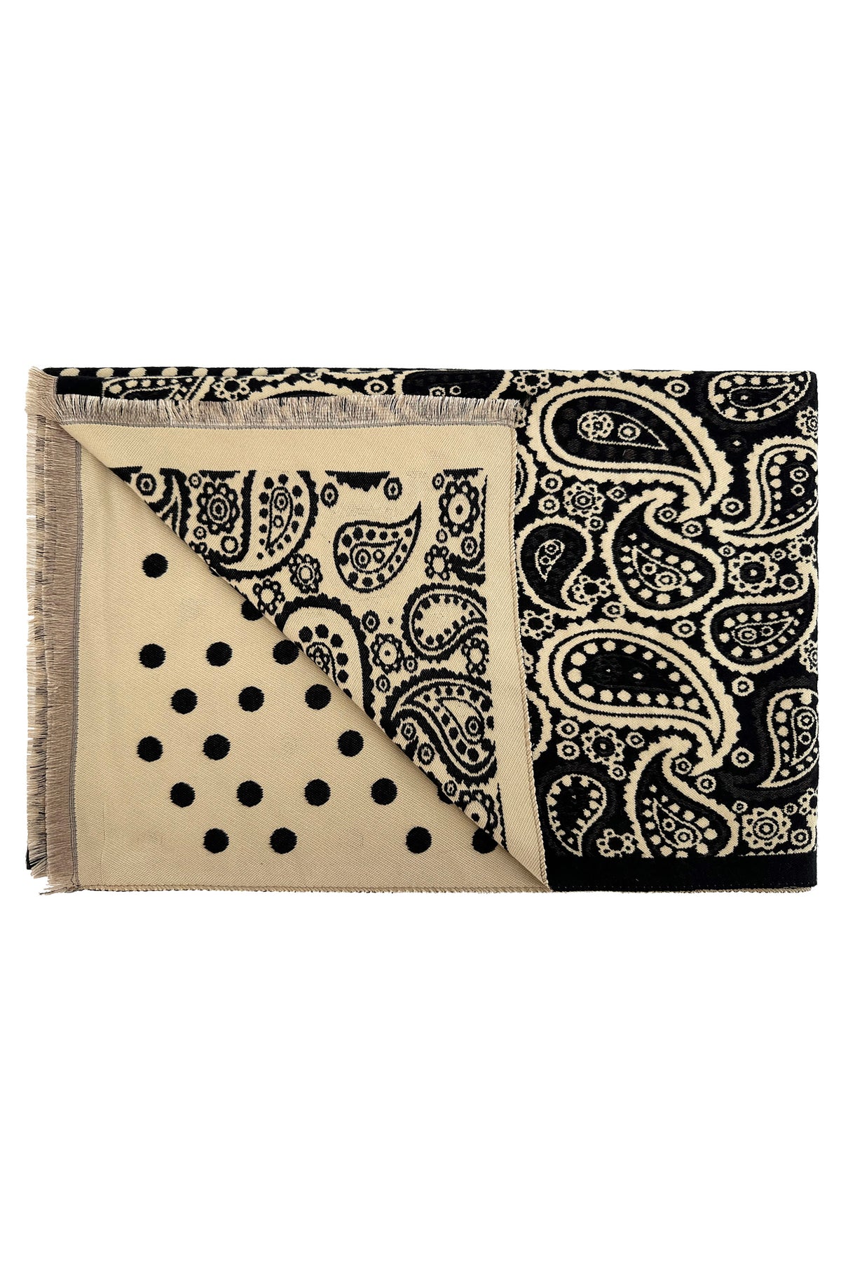 Women’s Paisley and Polka Dot Woven Scarf with Fringed Edges