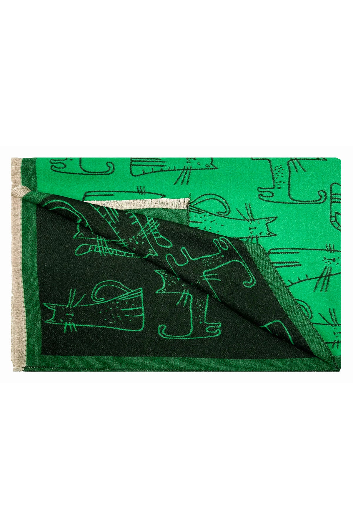 Women’s Playful Cat Motif Scarf with Contrast Border and Fringe
