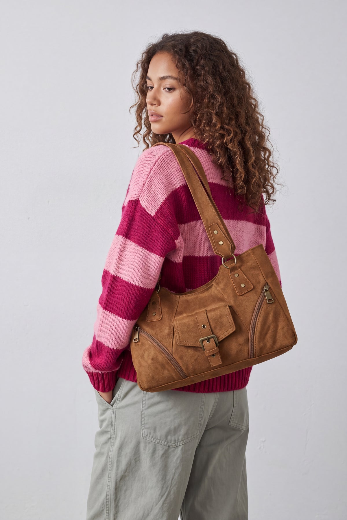 Women’s Suede-Look Shoulder Bag with Buckle Pocket Detail