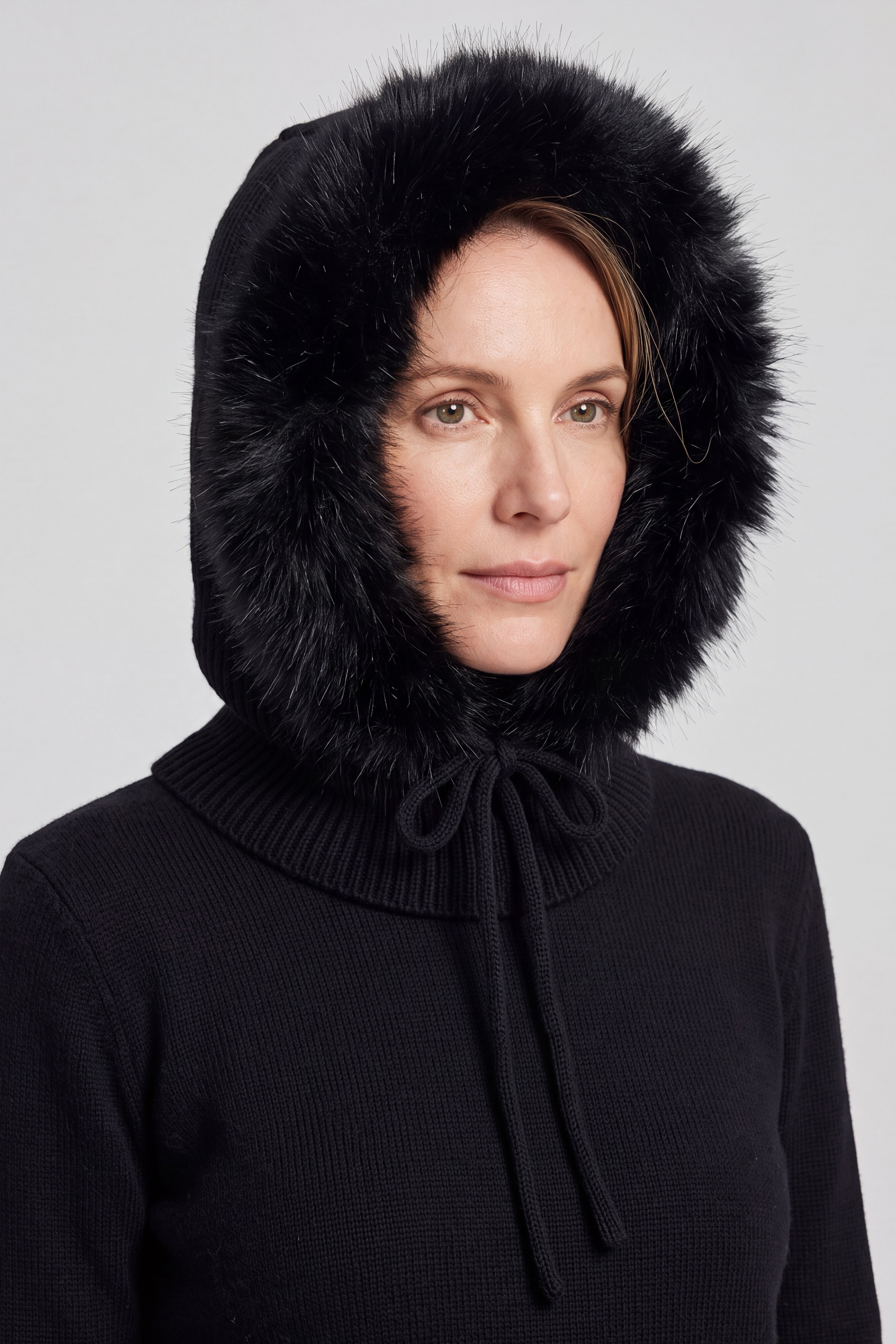 Women’s Faux Fur Trim Knitted Hood Scarf with Tie Fastening