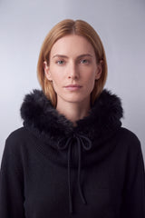 Women’s Faux Fur Trim Knitted Hood Scarf with Tie Fastening