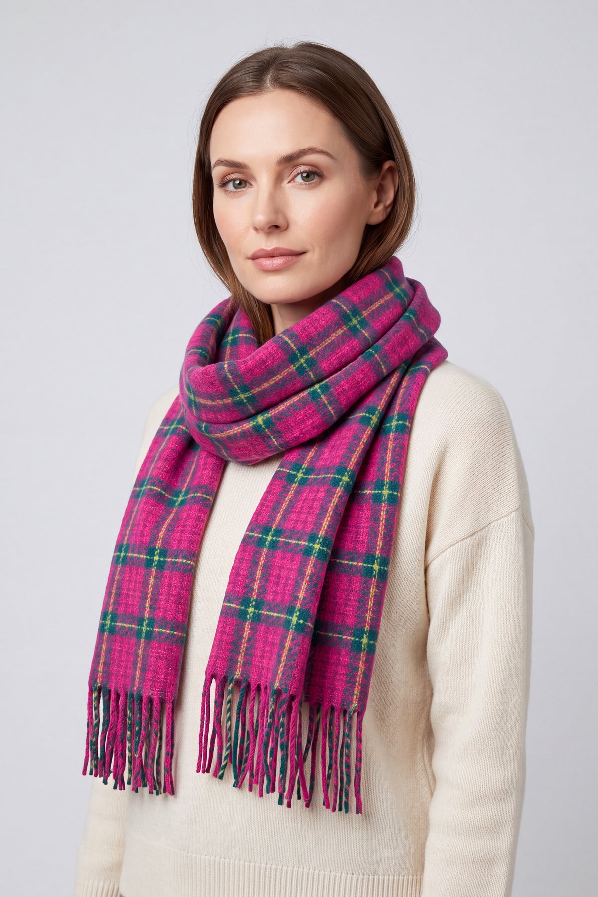 Vibrant Checked Wool Mix Tassel Scarf