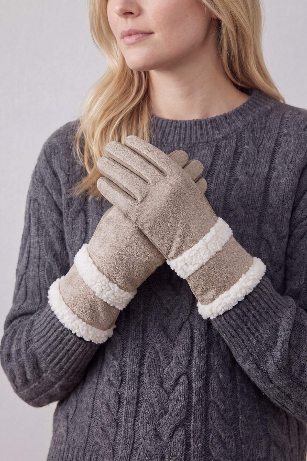 Women's Touchscreen Suede-Look Gloves with Double Faux Fur Trim