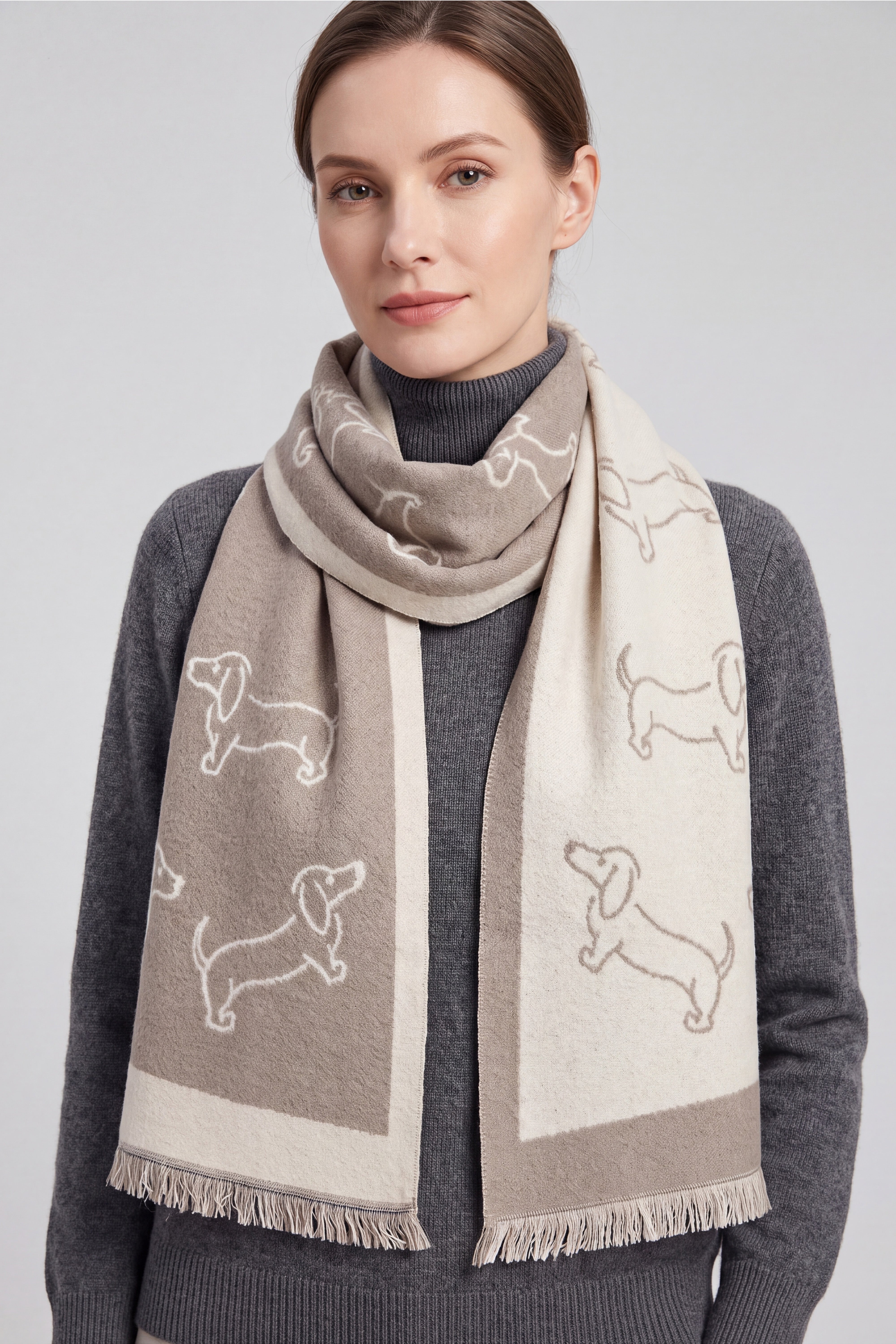 Women’s Dachshund Sausage Dog Print Scarf with Fringed Trim