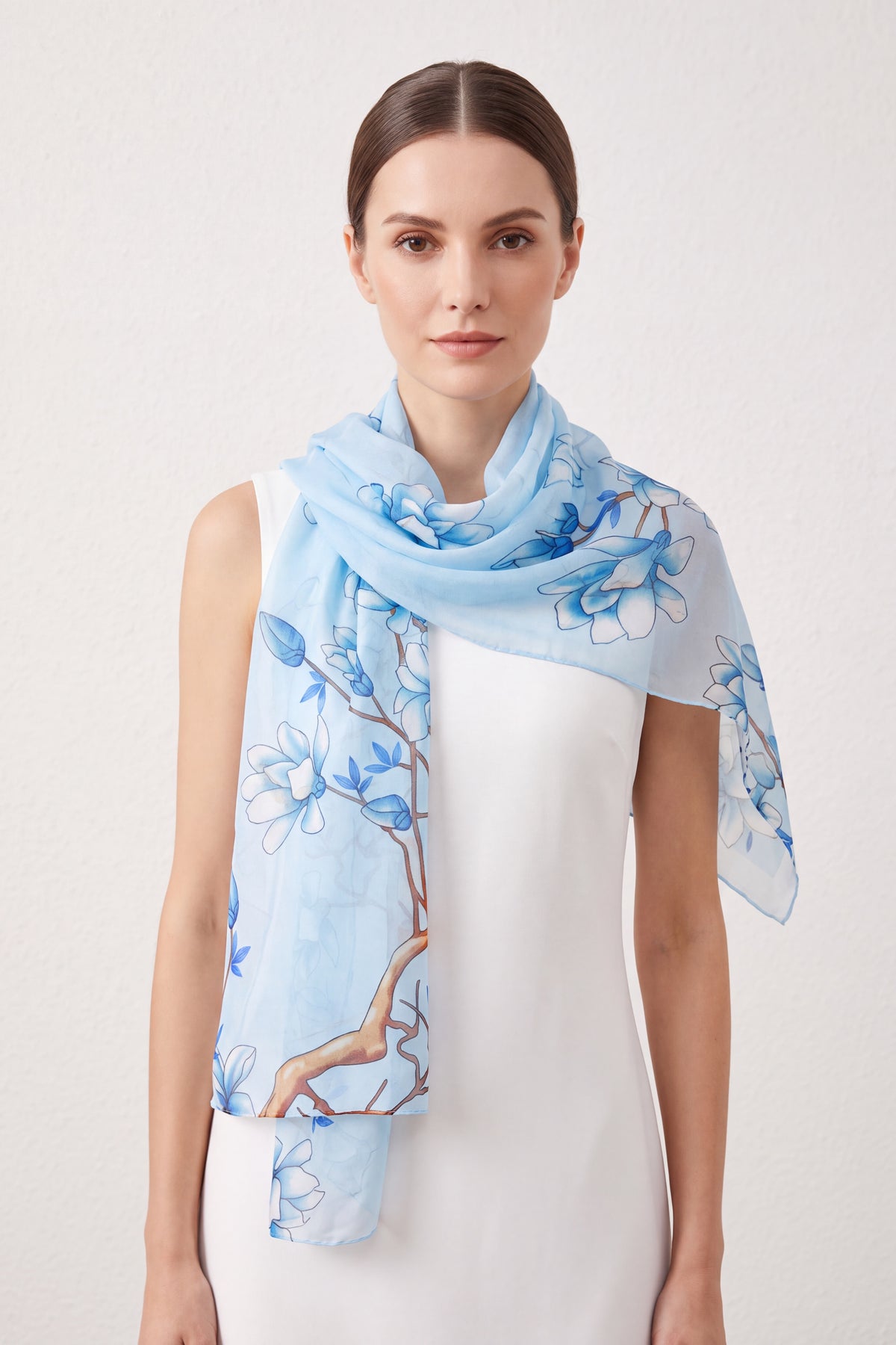 Soft Flowers on Branch Print Chiffon Scarf