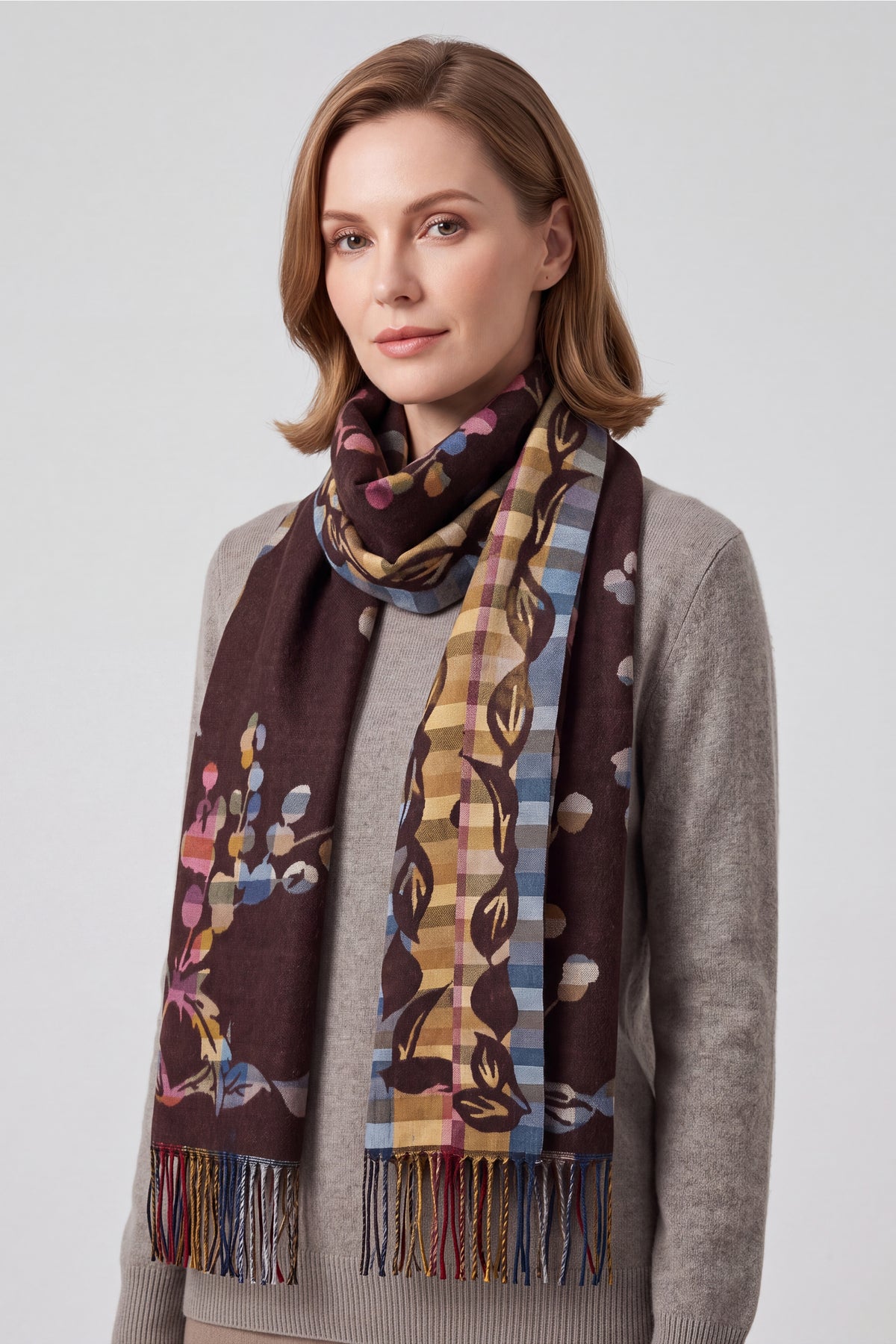 Women’s Abstract Floral & Stripe Tassel Scarf