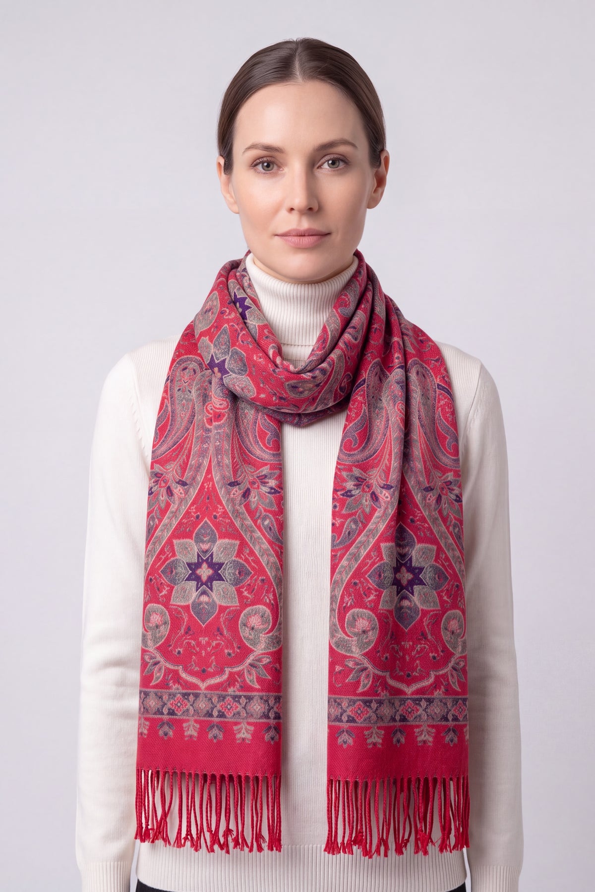 Vibrant Paisley Wool Mix Print Scarf with Tassels