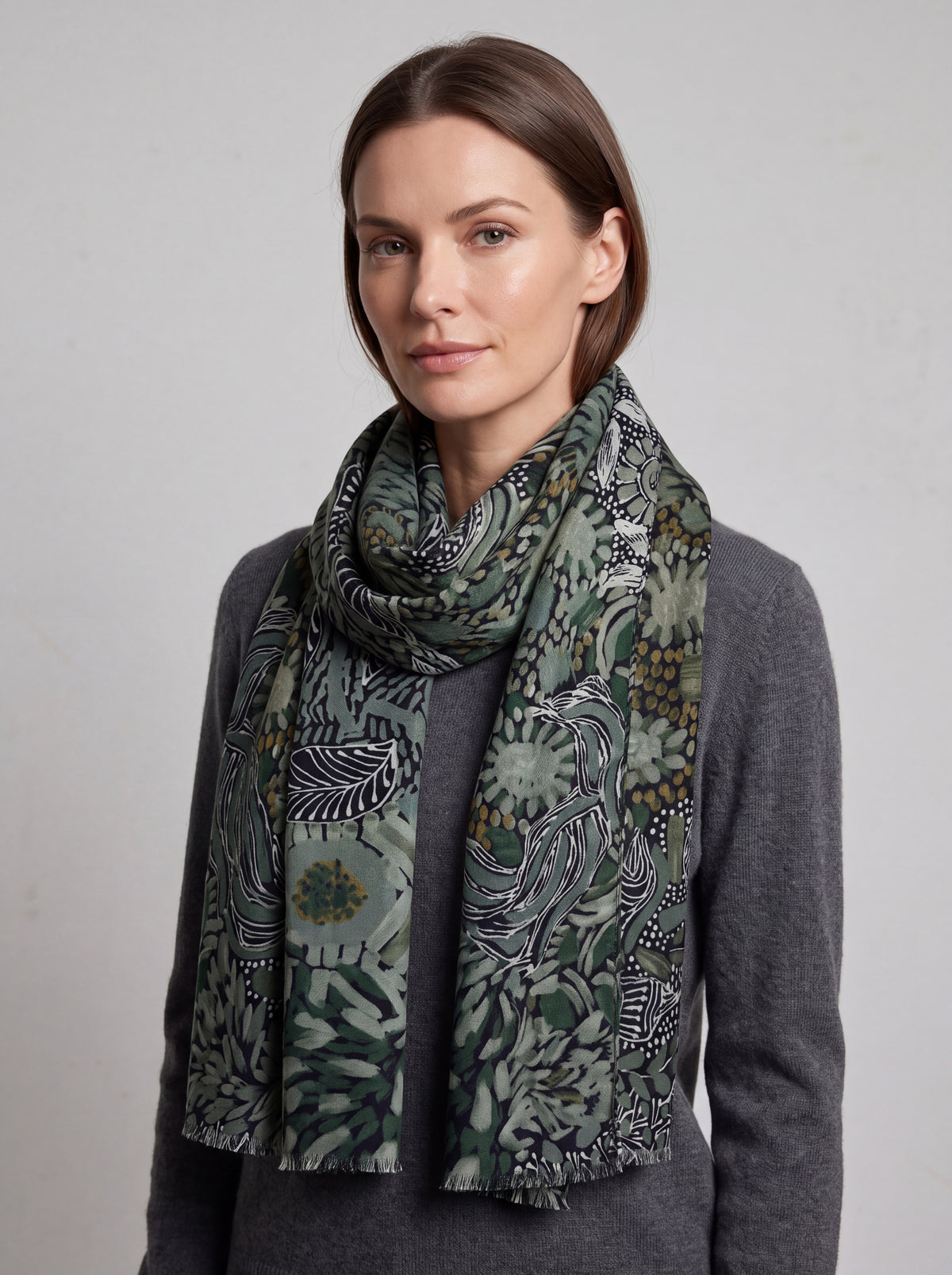 Women's Abstract Floral Print Lightweight Scarf with Frayed Edges