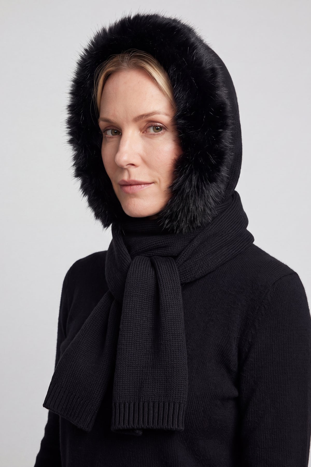 Women's Acrylic Blend Knitted Hooded Scarf with Faux Fur Trim