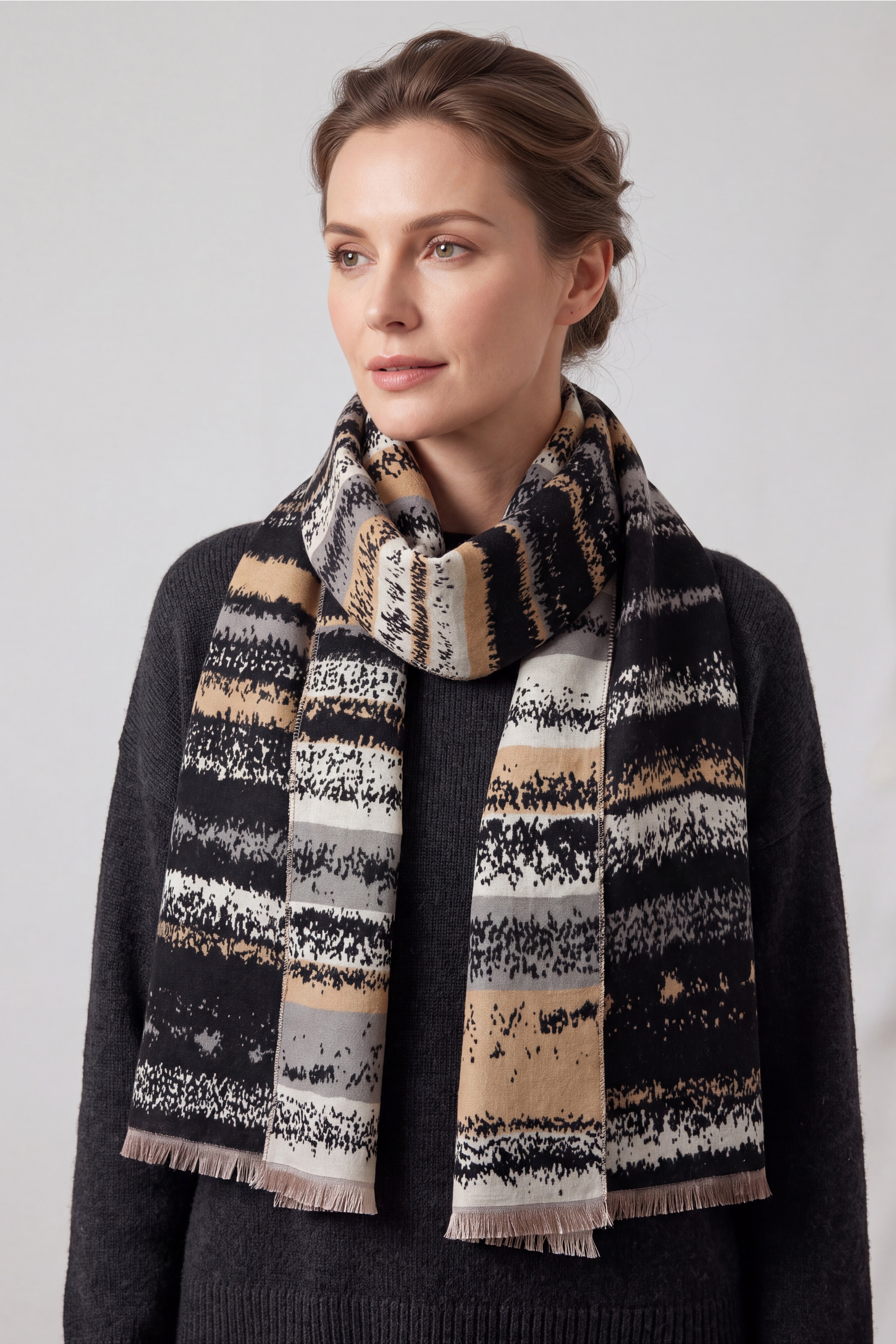 Women’s Abstract Stripe Print Scarf – Soft Lightweight Fringed Wrap