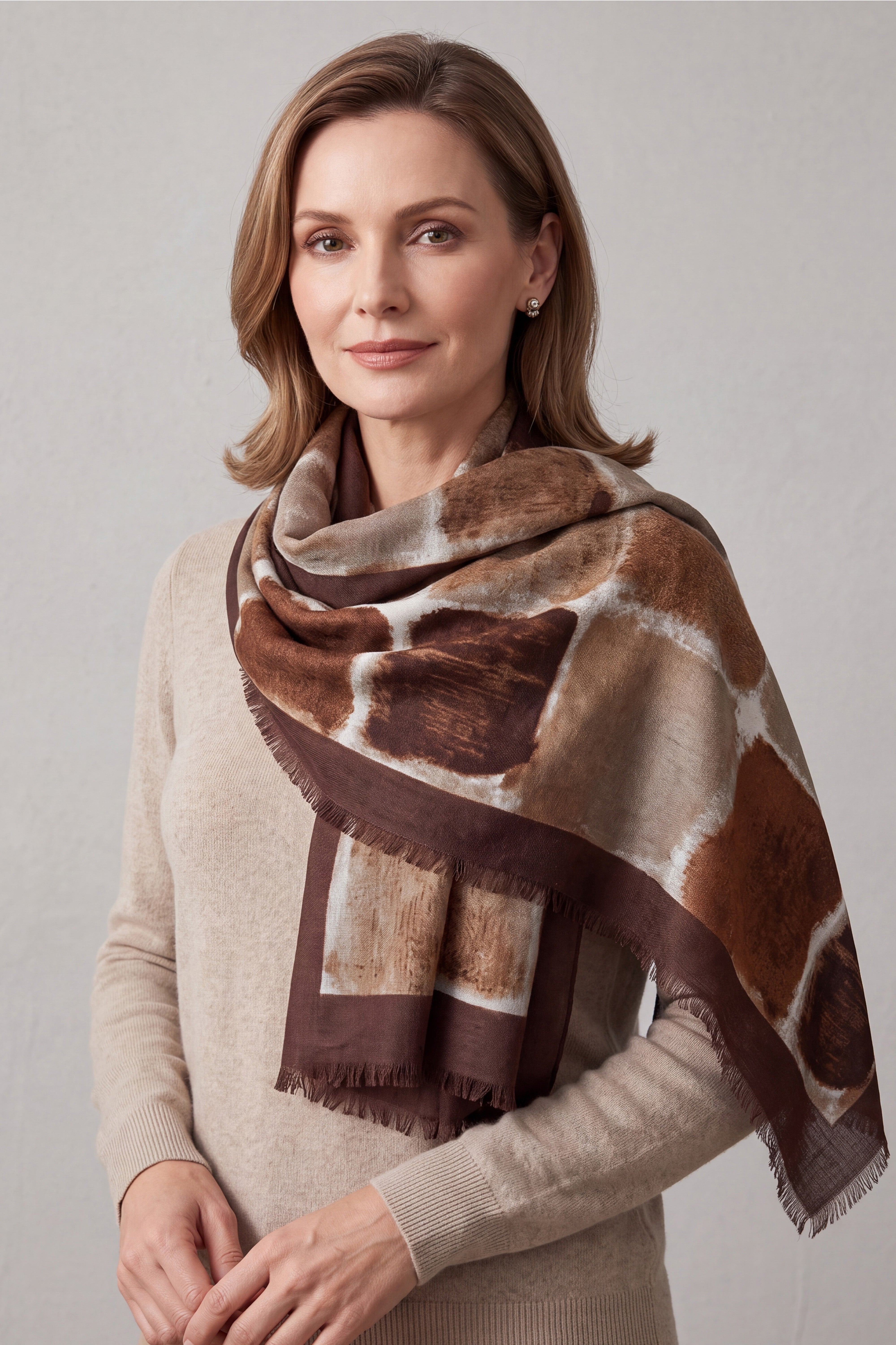 Women’s Abstract Block Print Lightweight Scarf with Fringed Trim