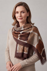 Women’s Abstract Block Print Lightweight Scarf with Fringed Trim