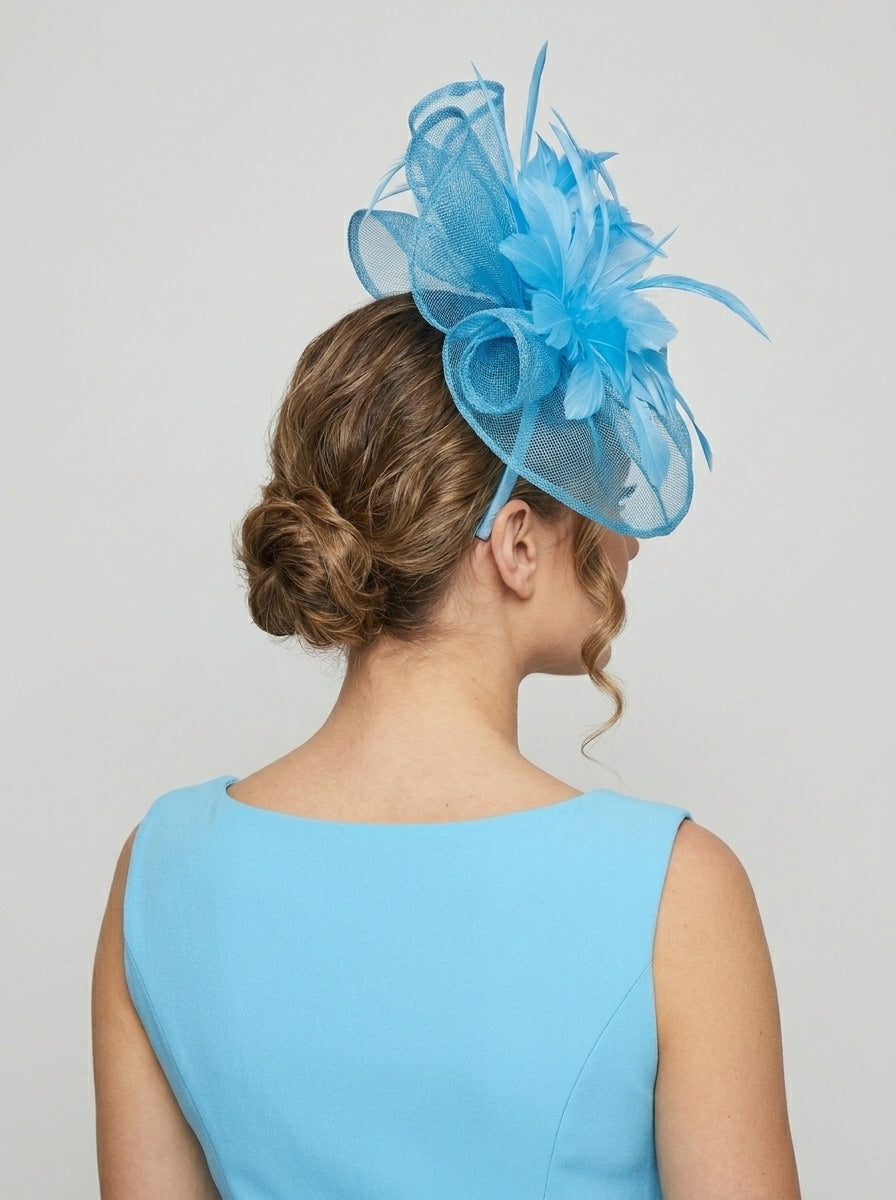 Sinamay Fascinator with Feather Flower Detail Navy