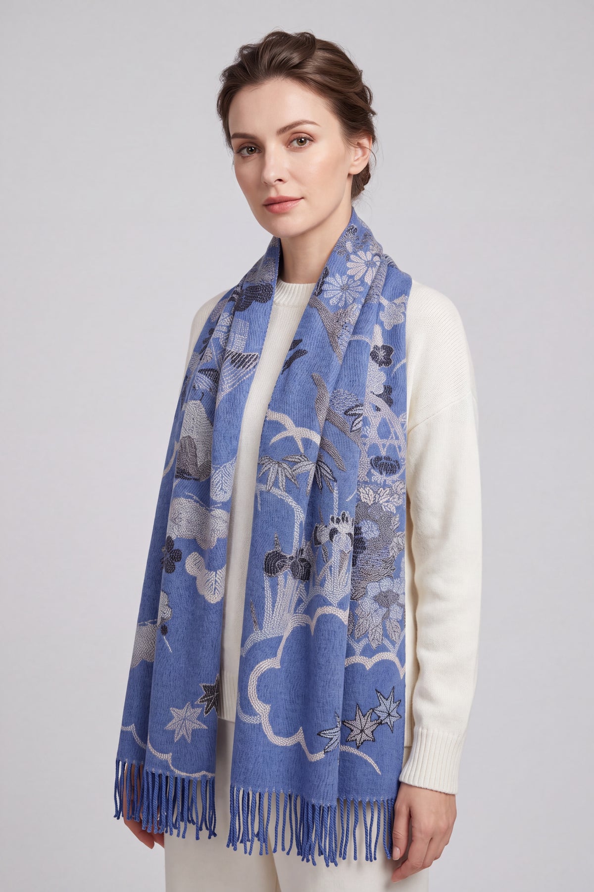 Galaxy of Flowers Print Wool-Blend Scarf with Tassels