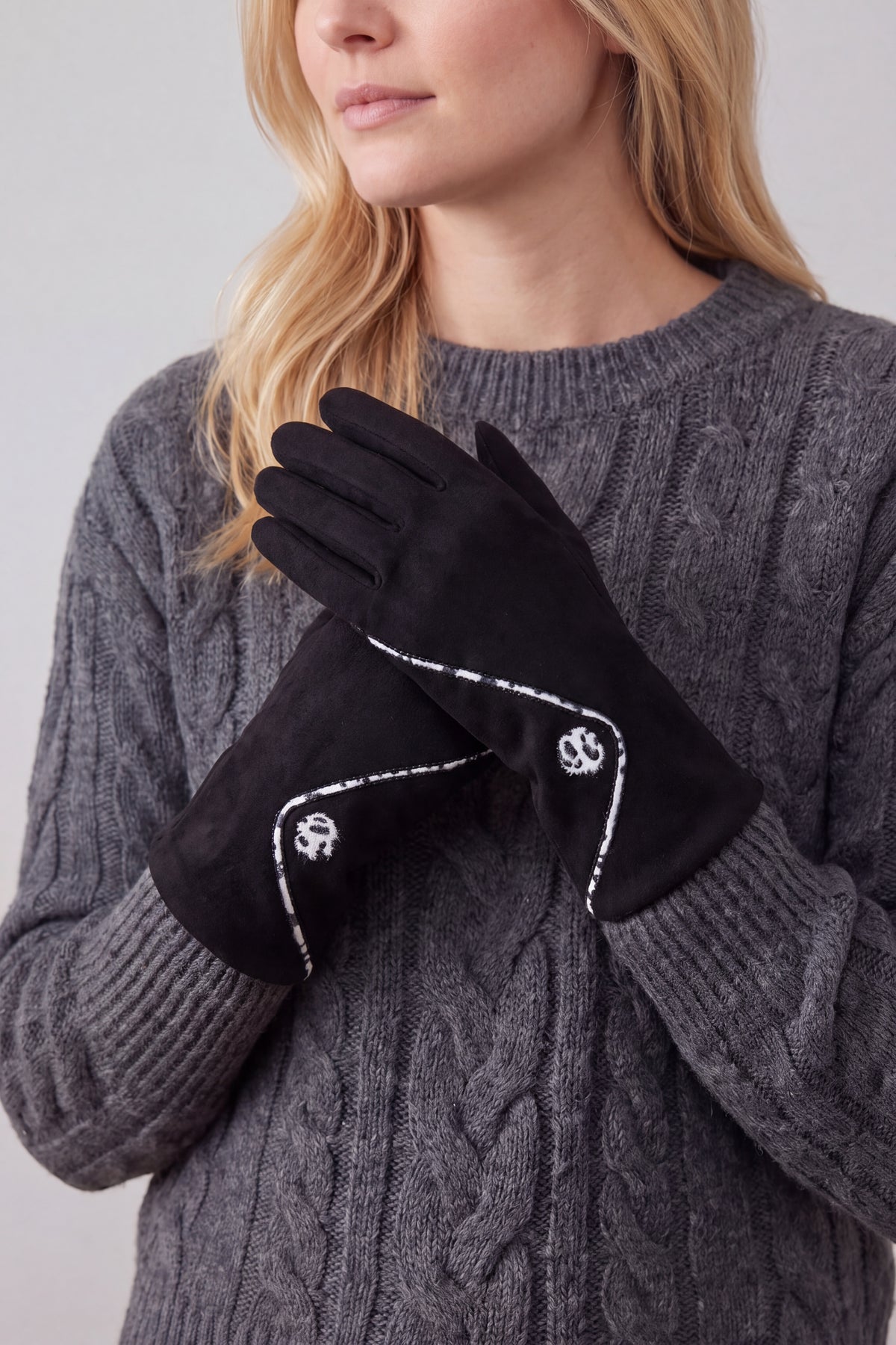 Women’s Faux Suede Animal Print Trim Button Gloves