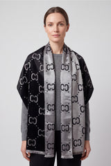 Women’s Reversible Monogram Pattern Scarf with Fringed Trim