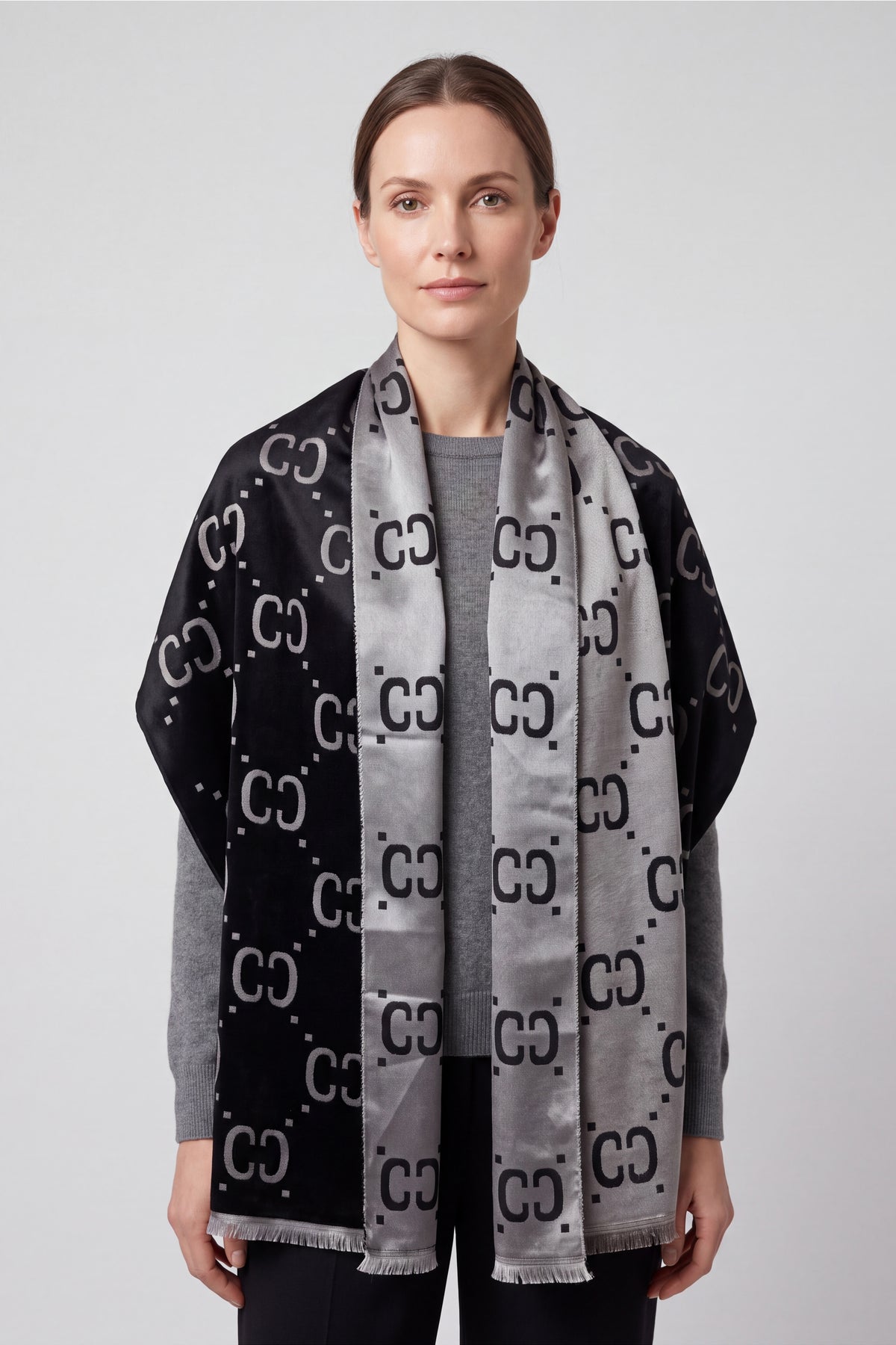 Women’s Reversible Monogram Pattern Scarf with Fringed Trim