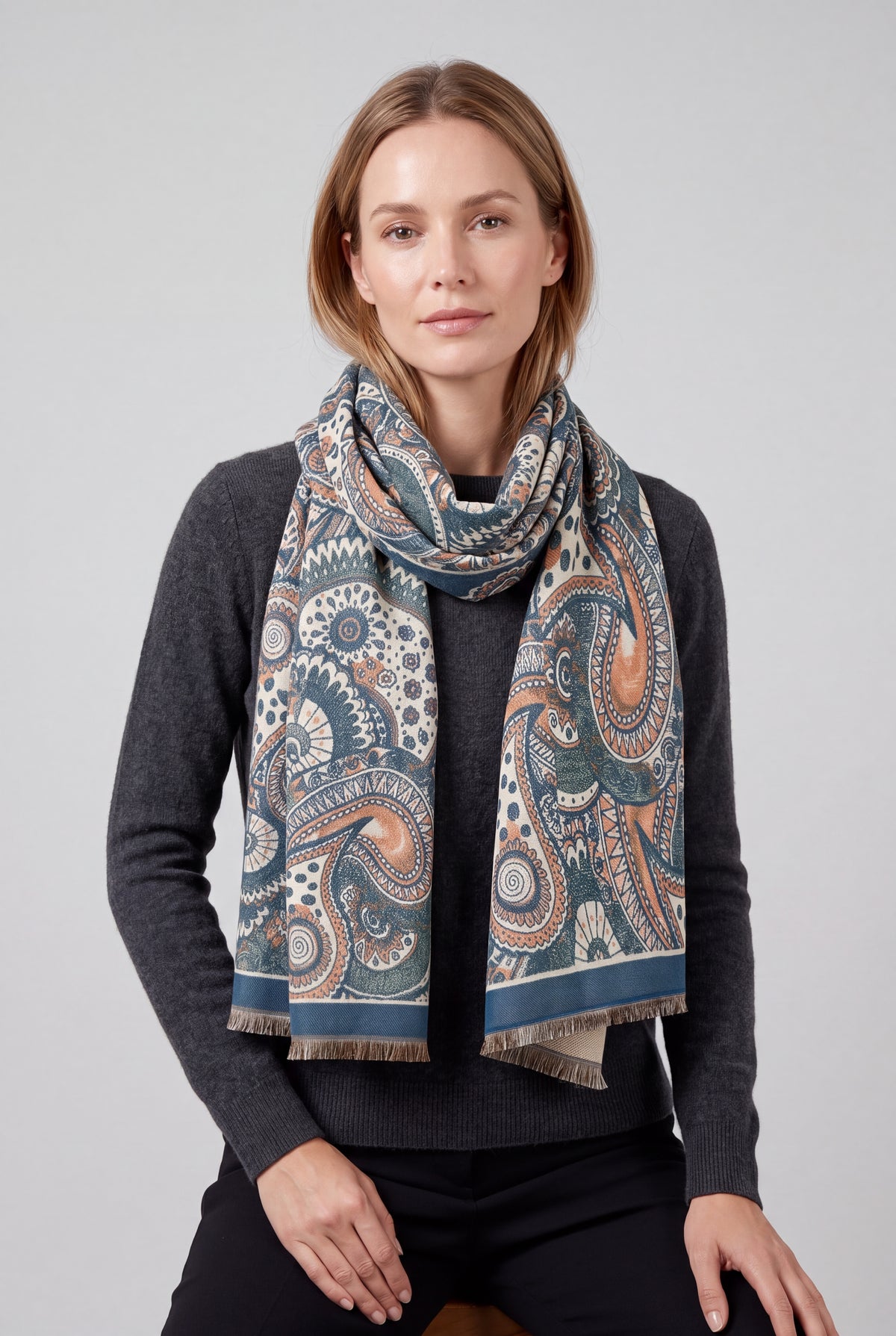 Mandala Pattern Reversible Scarf – Soft Touch, Decorative Fringe