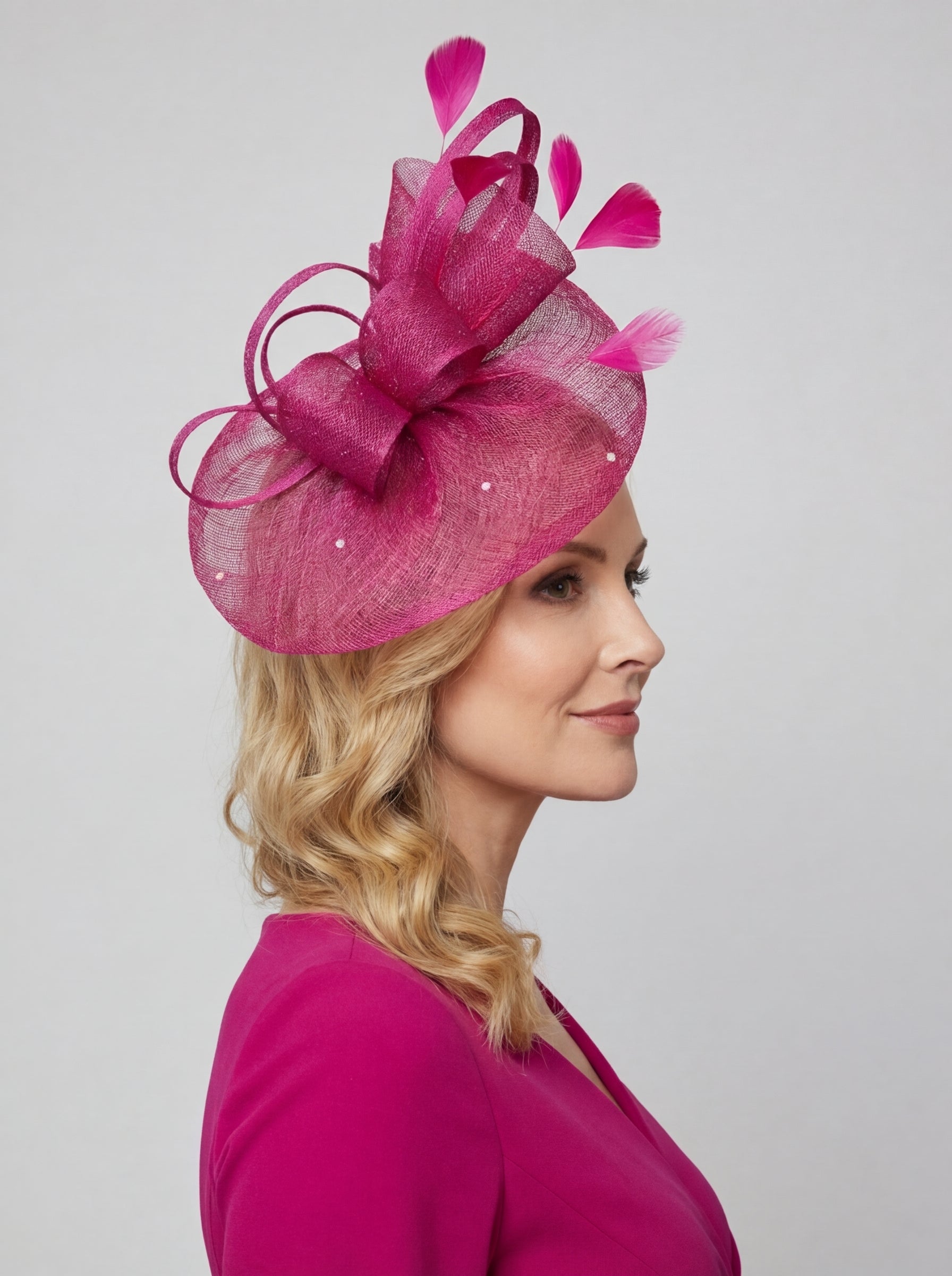 Curled Sinamay Bow Fascinator with Feather Trim Diamonds