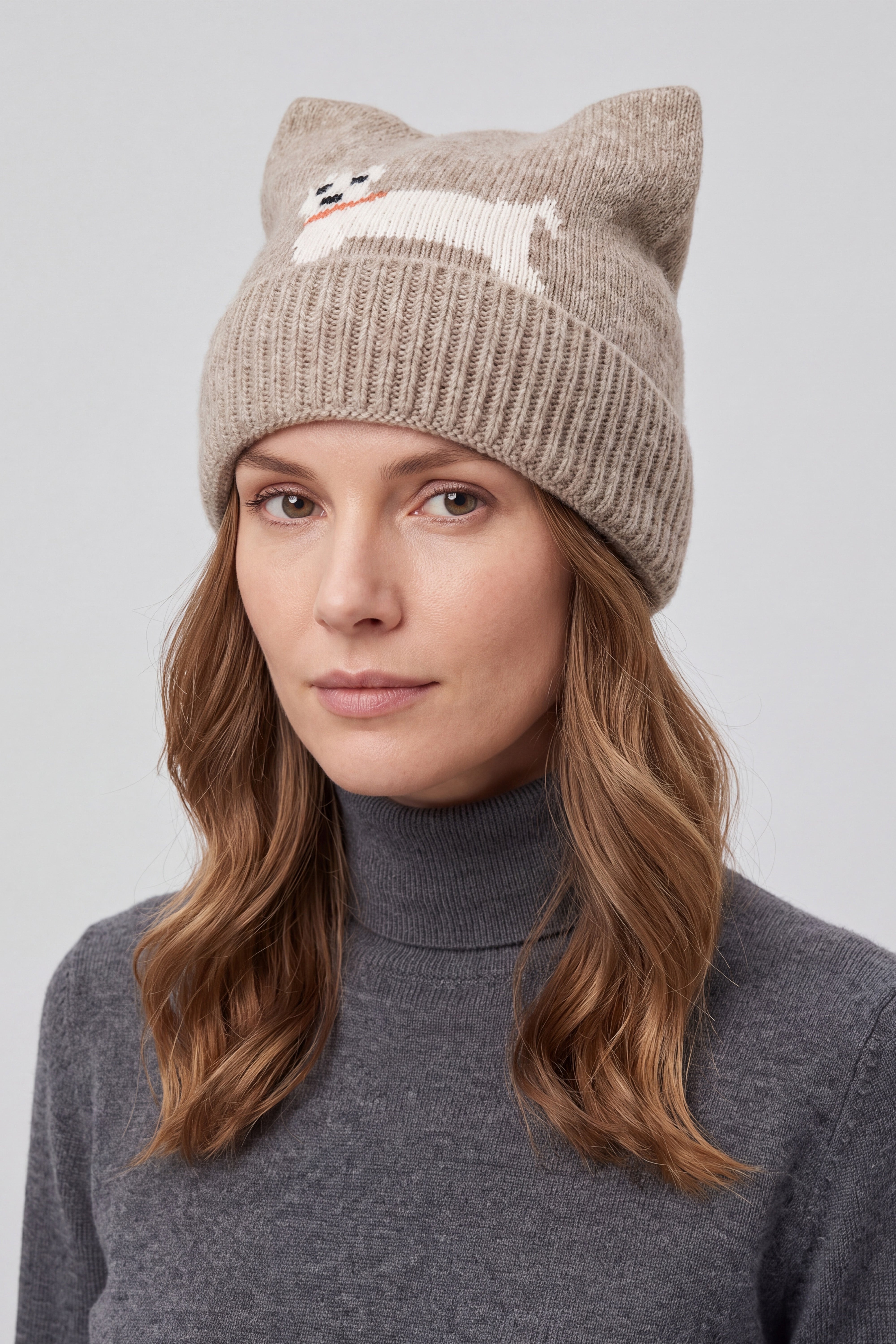 Women’s Dog Motif Knit Turn-Up Cat Ear Beanie Hat