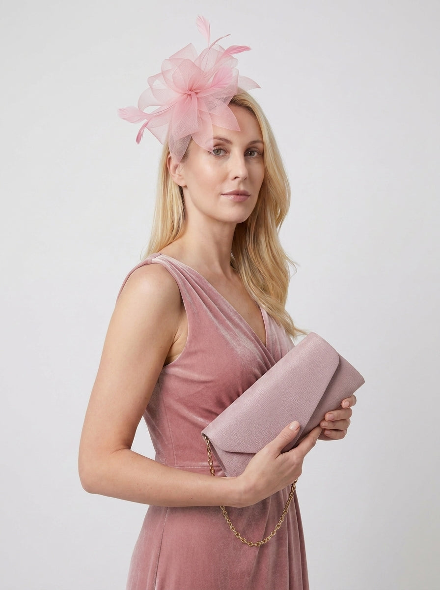 Textured Clutch Bag and Mesh Fascinator Occasion Pink Set